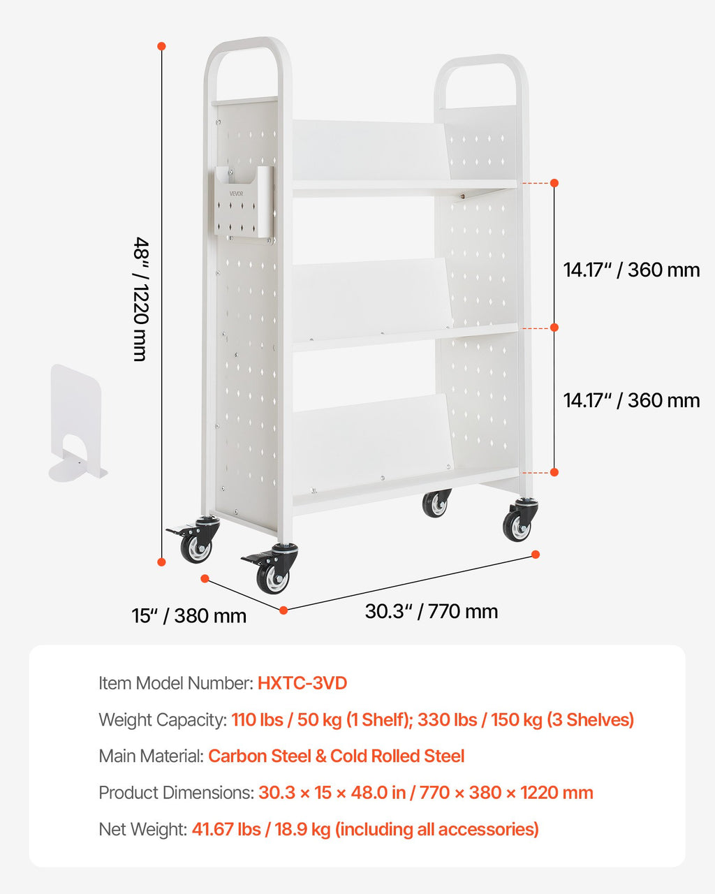 Bibliotekos vežimėlis knygoms VEVOR HXTC-3VD, 150 kg keliamoji galia