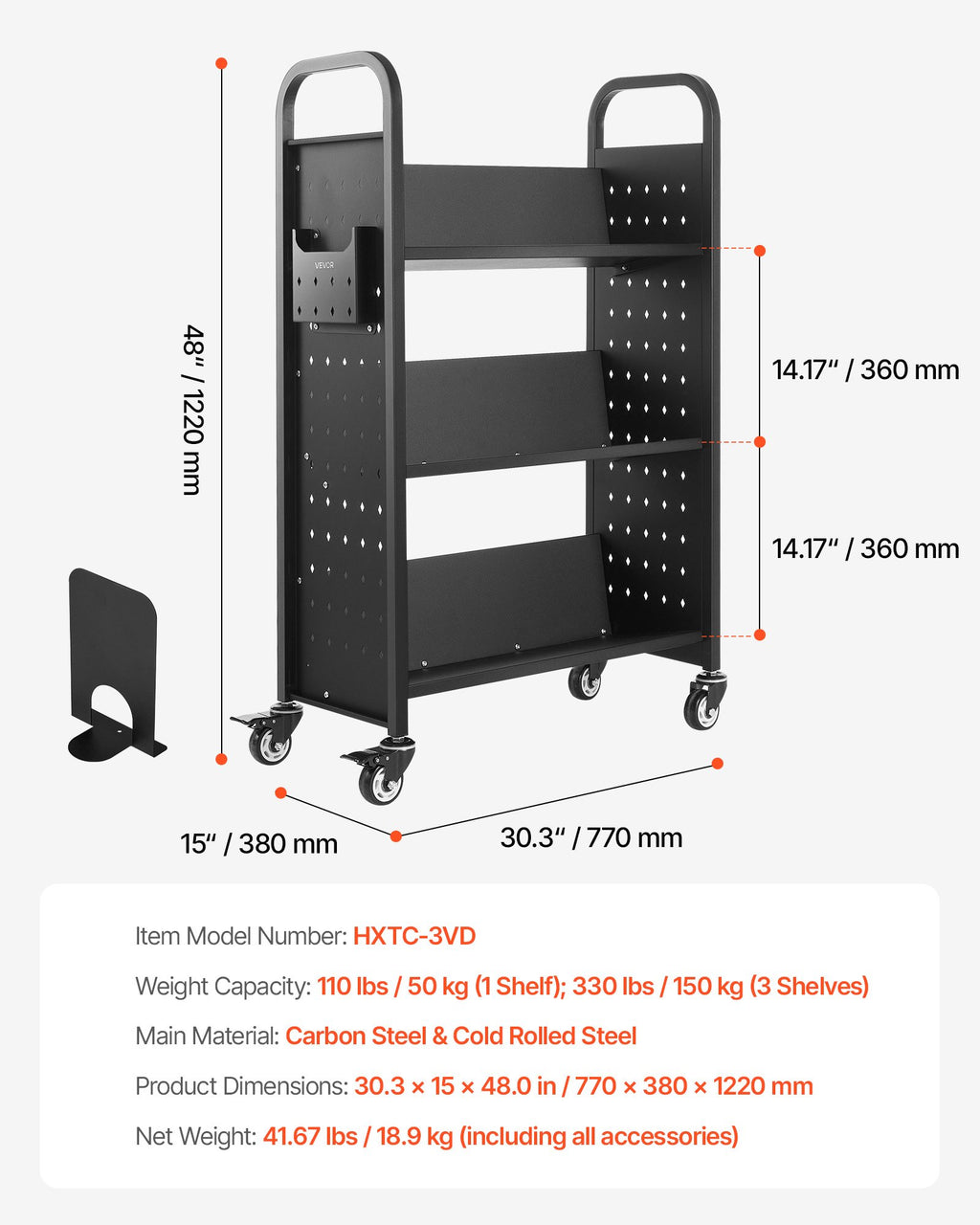 Knygų vežimėlis VEVOR HXTC-3VD, 150 kg keliamoji galia