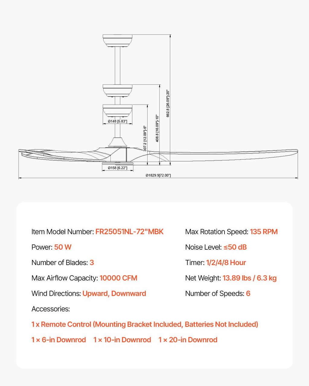 Lubinis ventiliatorius VEVOR FR25051NL-72"MBK, 180 cm skersmens