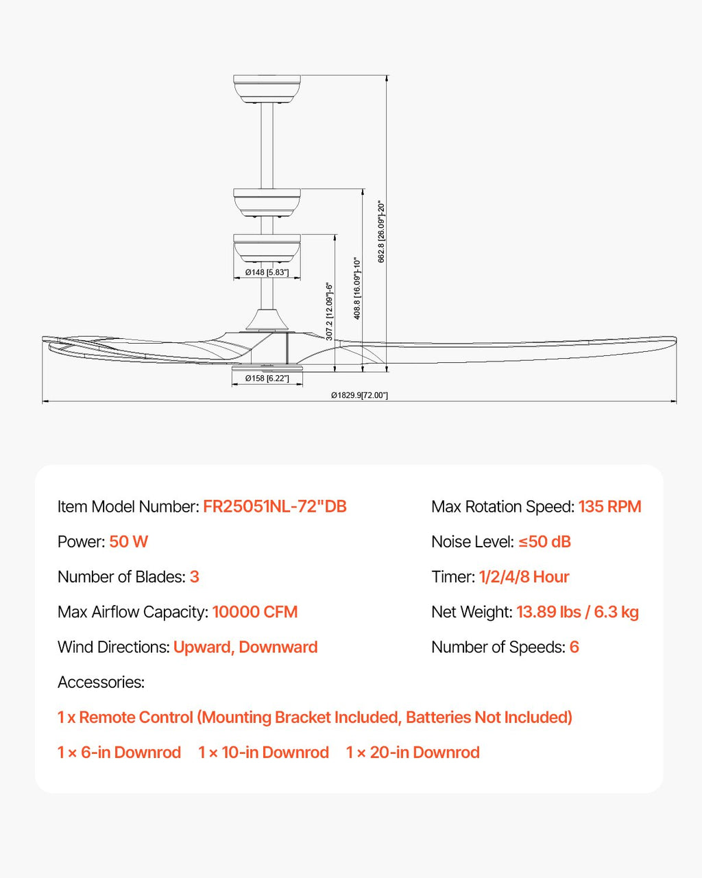 Lubinis ventiliatorius VEVOR FR25051NL-72"DB, 180 cm skersmens