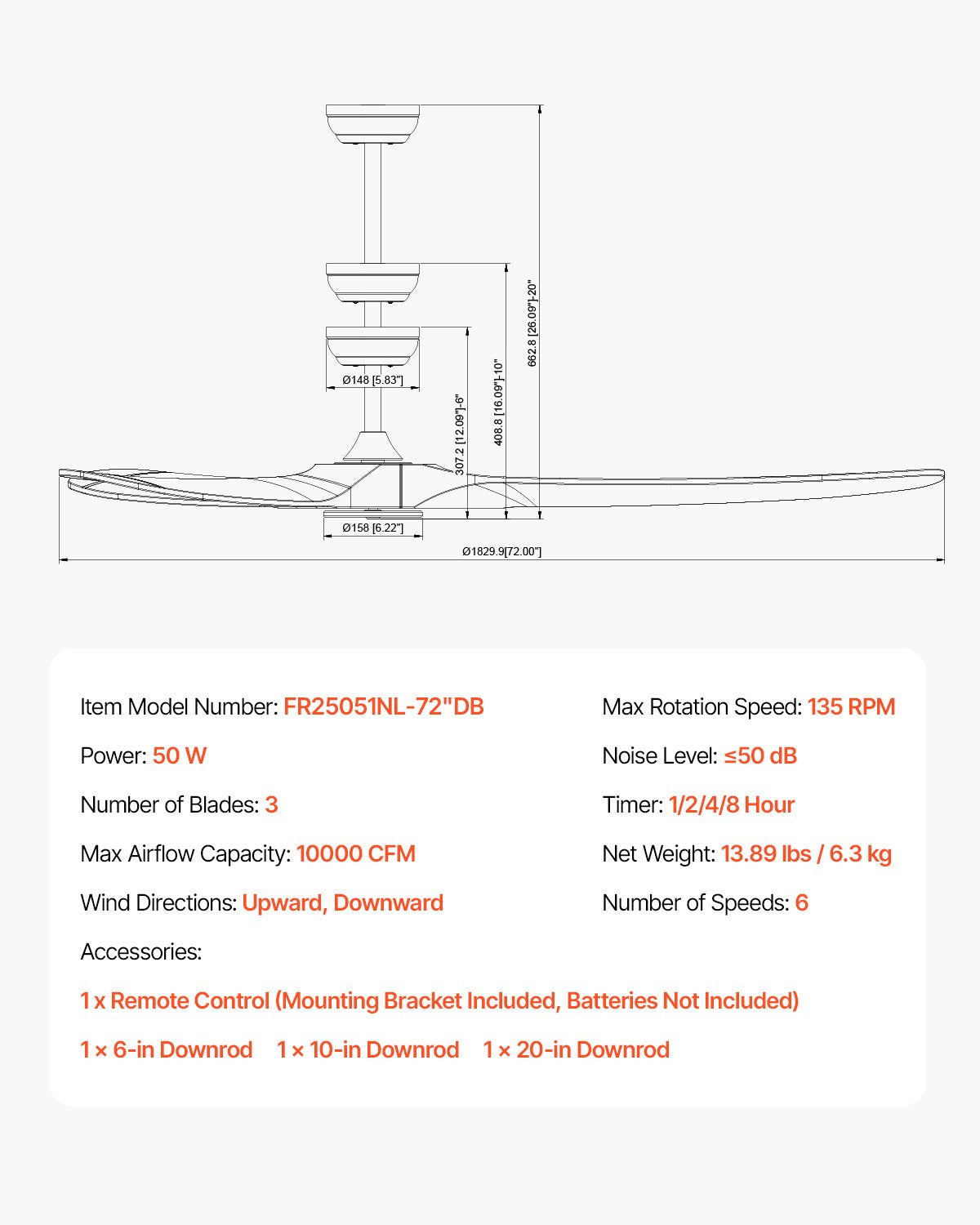 Lubinis ventiliatorius VEVOR FR25051NL-72"DB, 180 cm skersmens
