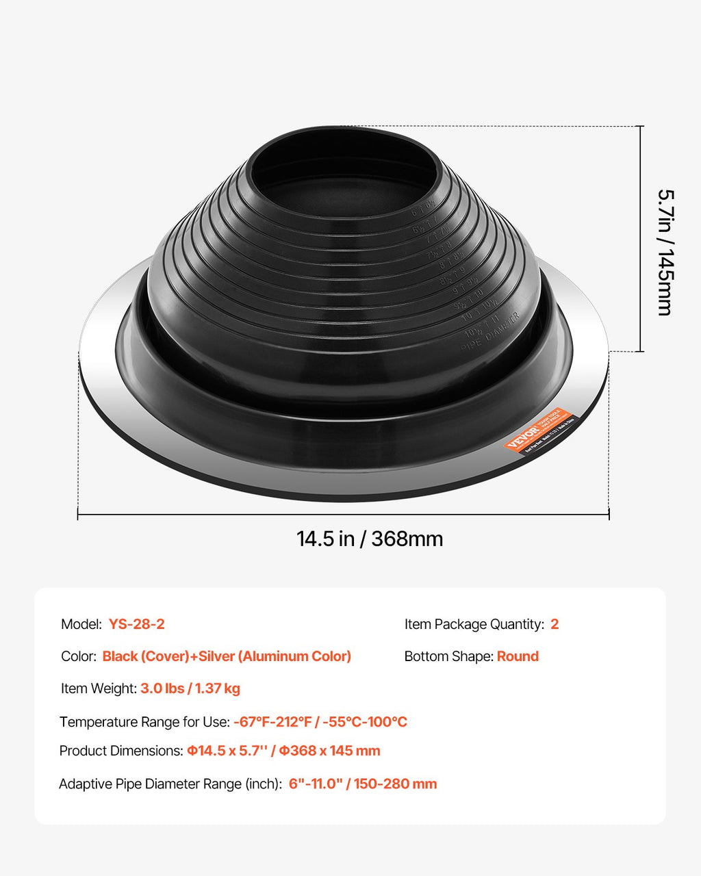 Stogo kamino sandarinimo manžetai VEVOR YS-28-2, 150-280 mm