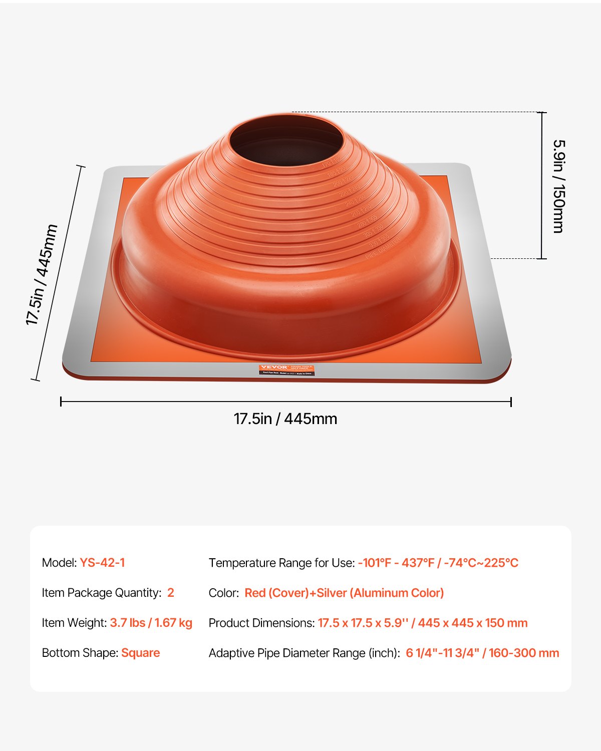 Stogo kamino sandarinimo manžetai VEVOR YS-42-1, 160–300 mm vamzdžiams