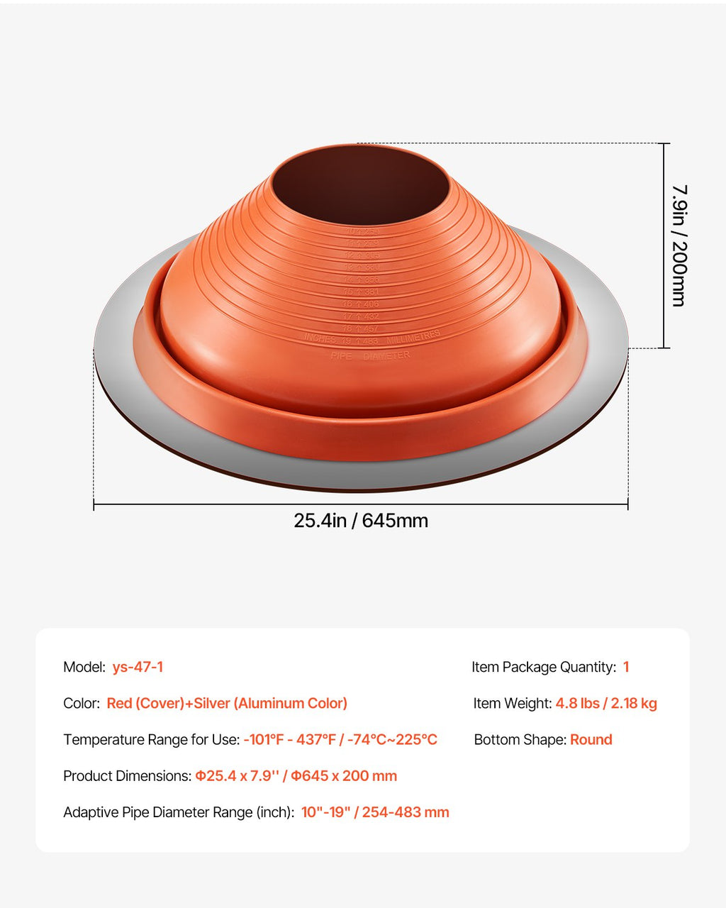 Stogo kamino sandarinimo manžetas VEVOR ys-47-1, 254–483 mm vamzdžiams