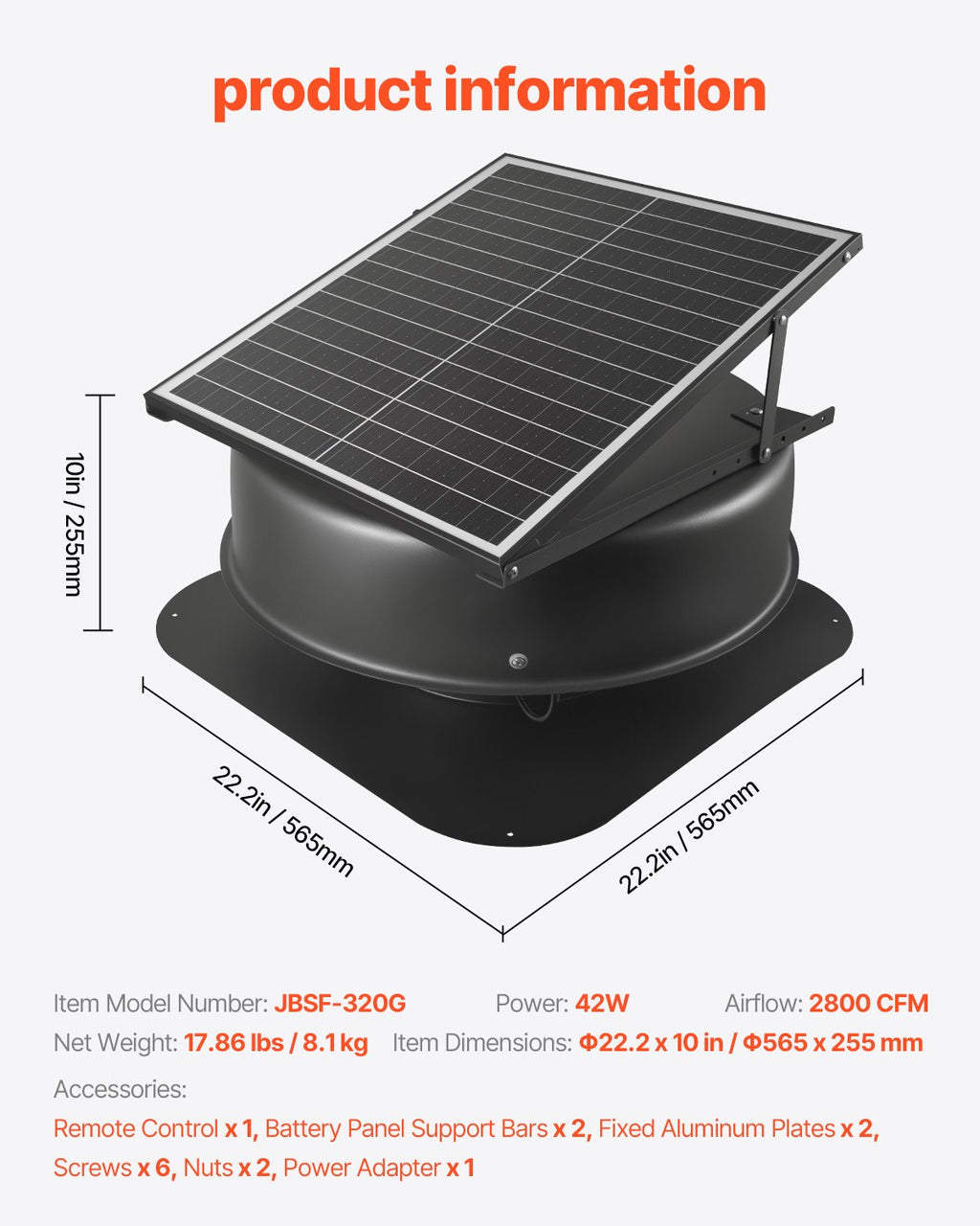 Stogo ventiliatorius VEVOR JBSF-320G, 42W