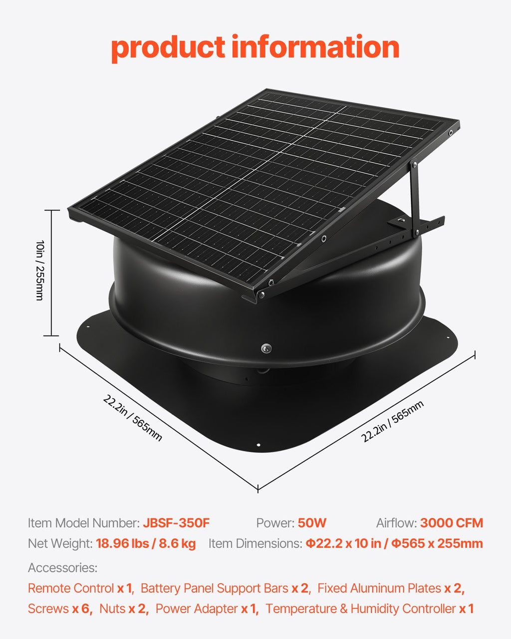 Saulės energija varomas stogo ventiliatorius VEVOR JBSF-350F, 50 W