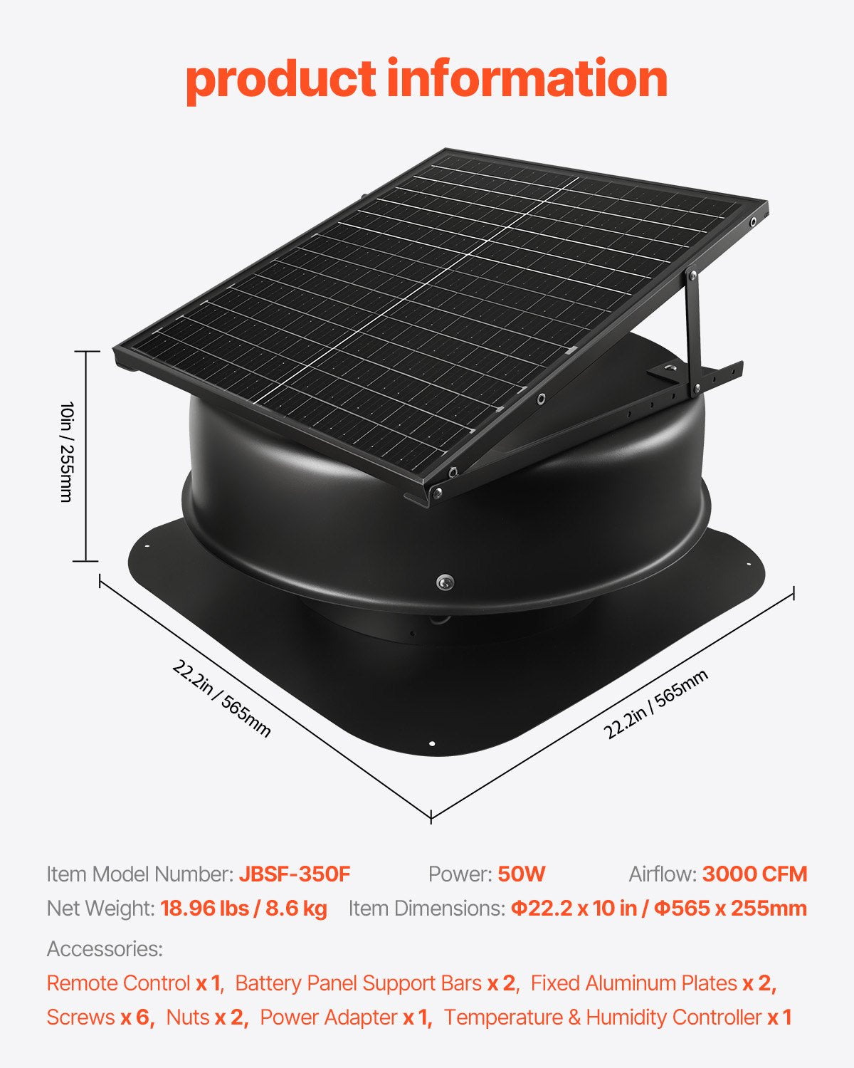 Saulės energija varomas stogo ventiliatorius VEVOR JBSF-350F, 50 W