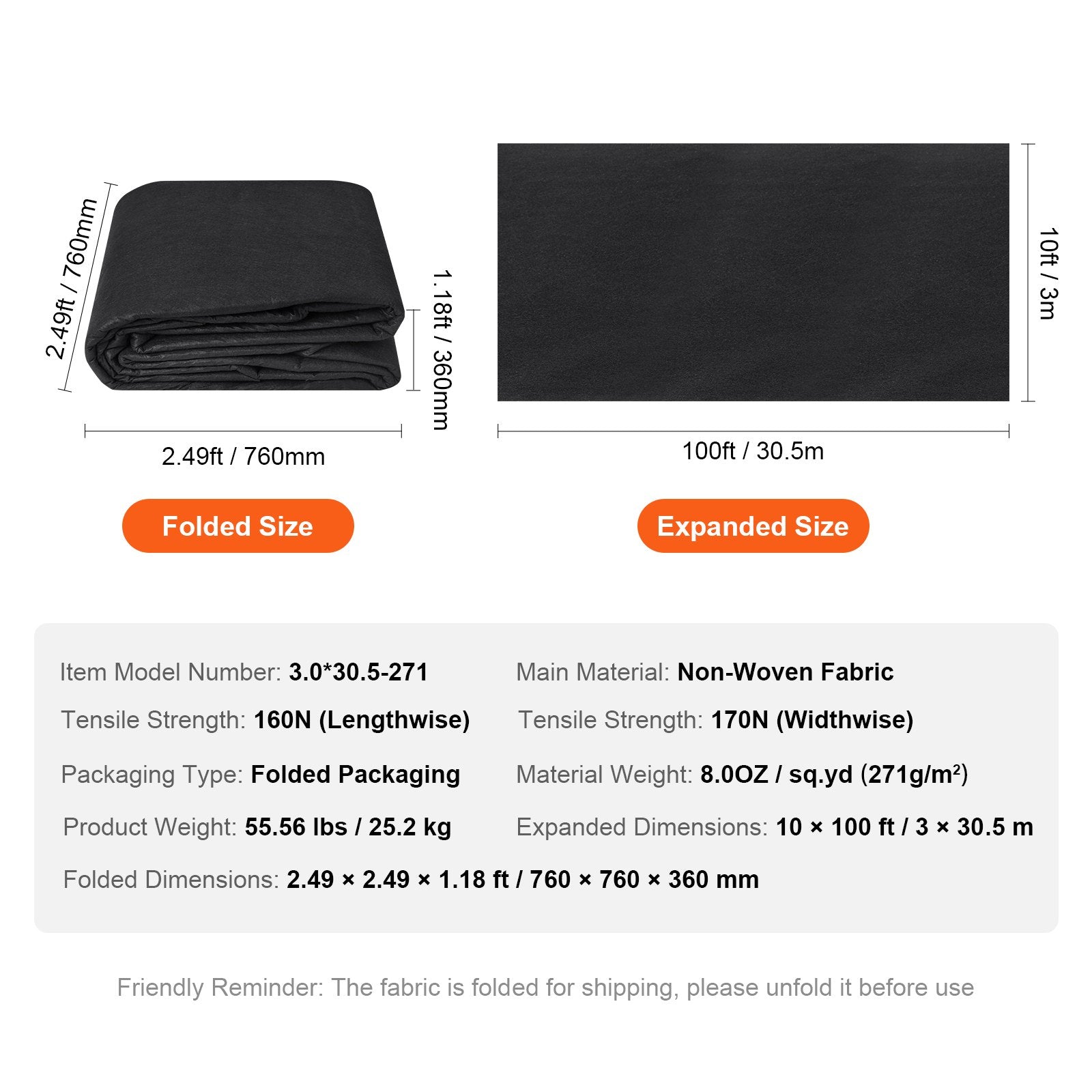 Geotekstilė VEVOR 3.0*30.5-271, 271 g/m²