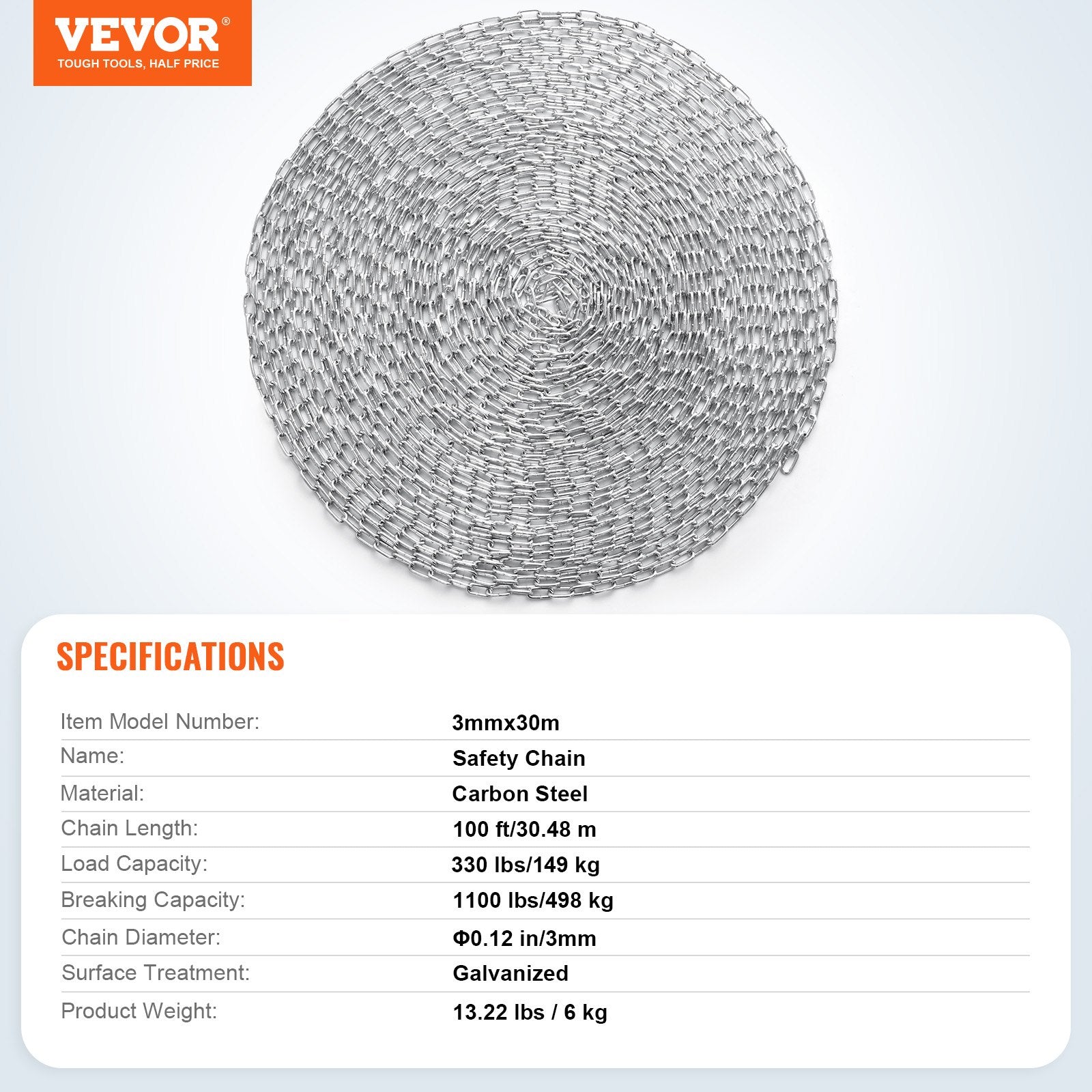 Grandinė VEVOR 3mm x 30.48m, 149 kg darbinė apkrova