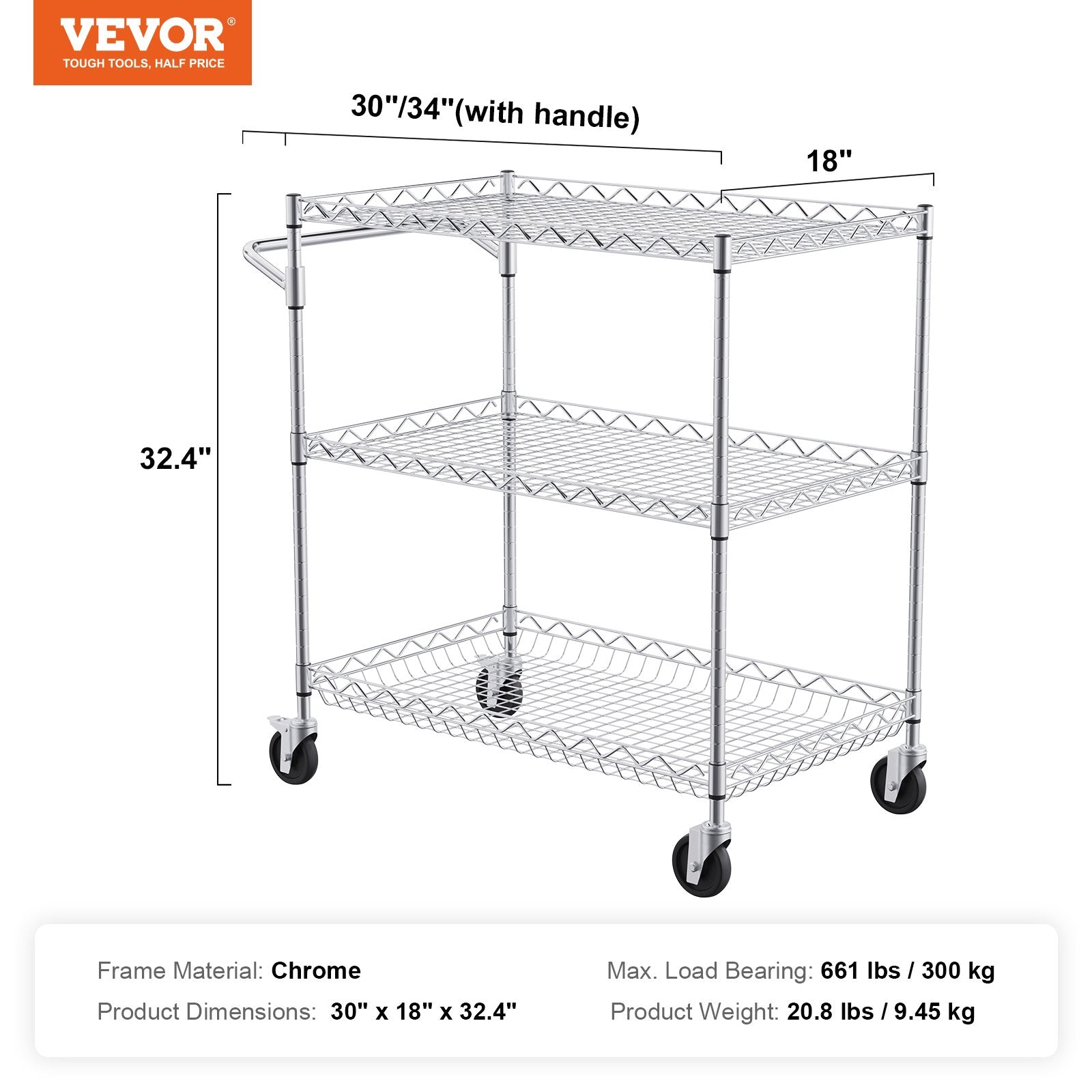 Virtuvinis vežimėlis VEVOR TR301832B3CW, 300 kg apkrova