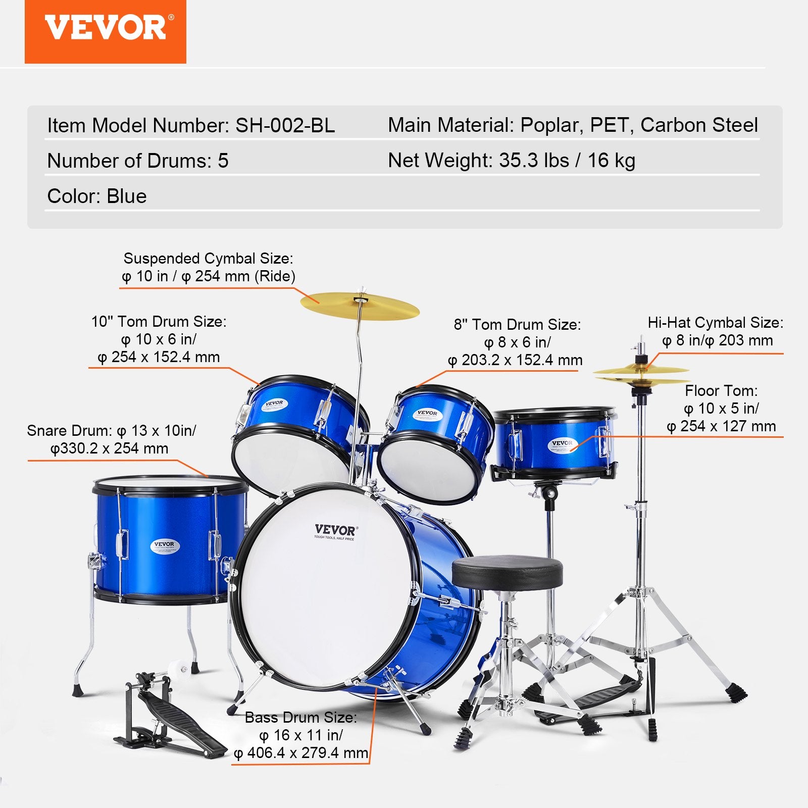 Vaikiškas būgnų komplektas VEVOR SH-002-BL, 16 colių