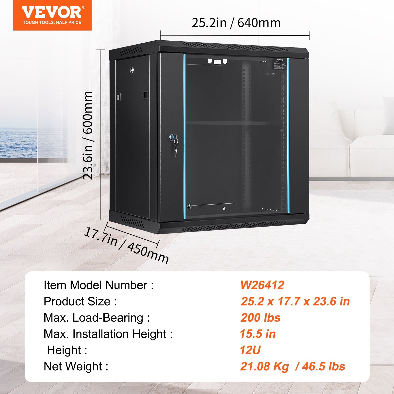 Sieninė tinklo spinta VEVOR W26412, 12U