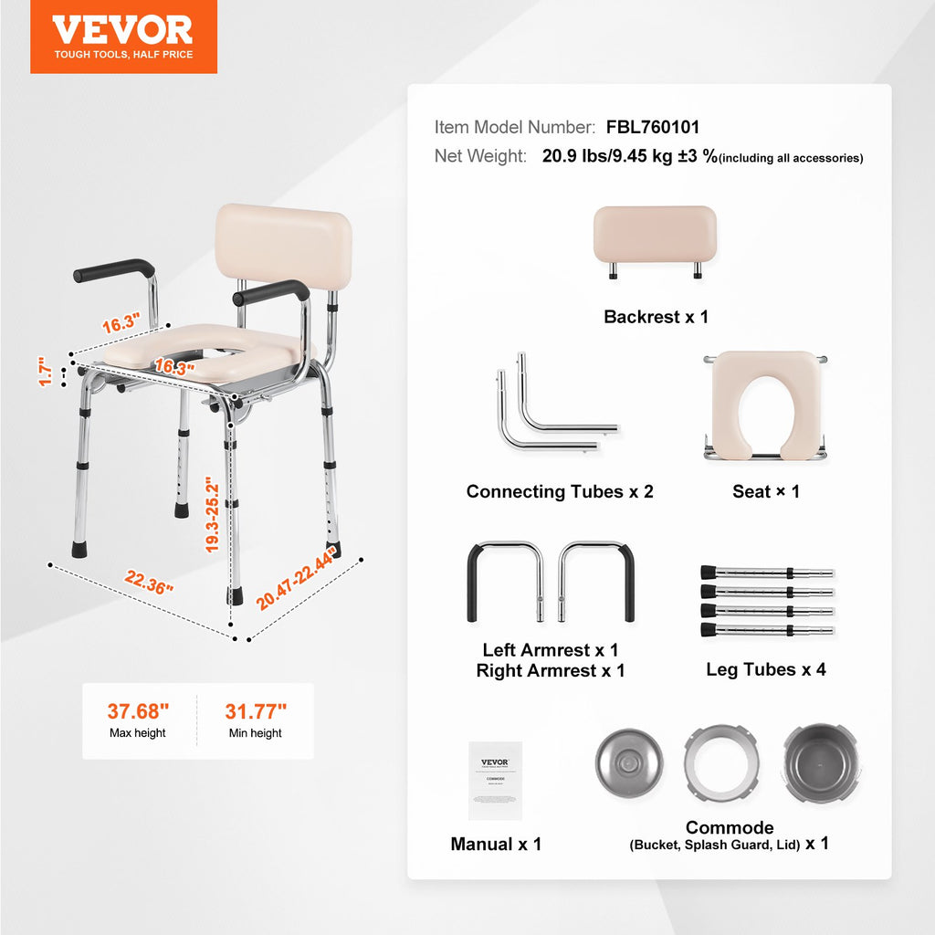 Neįgaliojo kėdė-tualetas VEVOR FBL760101, 158,8 kg apkrova