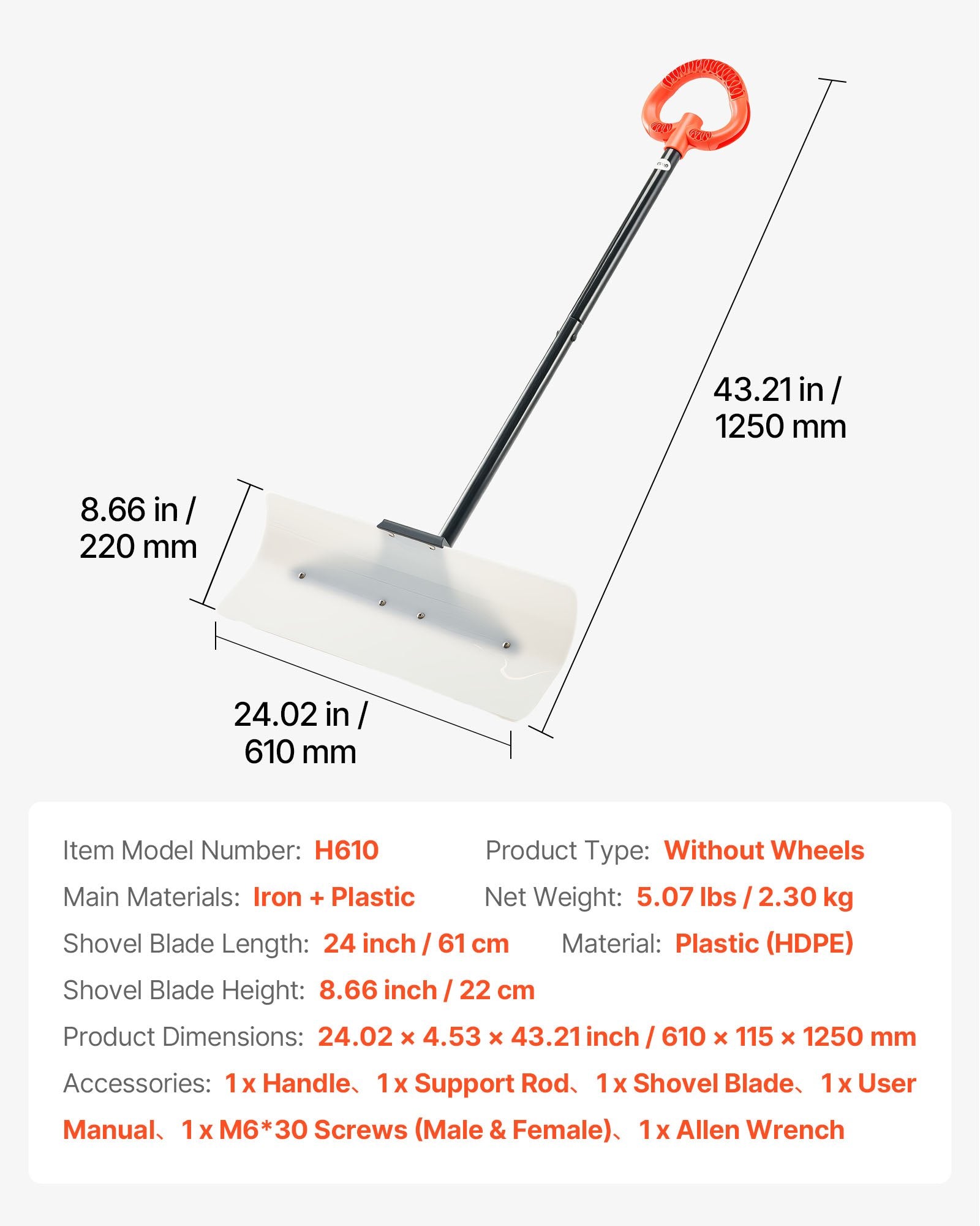 Sniego stumtuvas VEVOR H610, 61 cm plotis