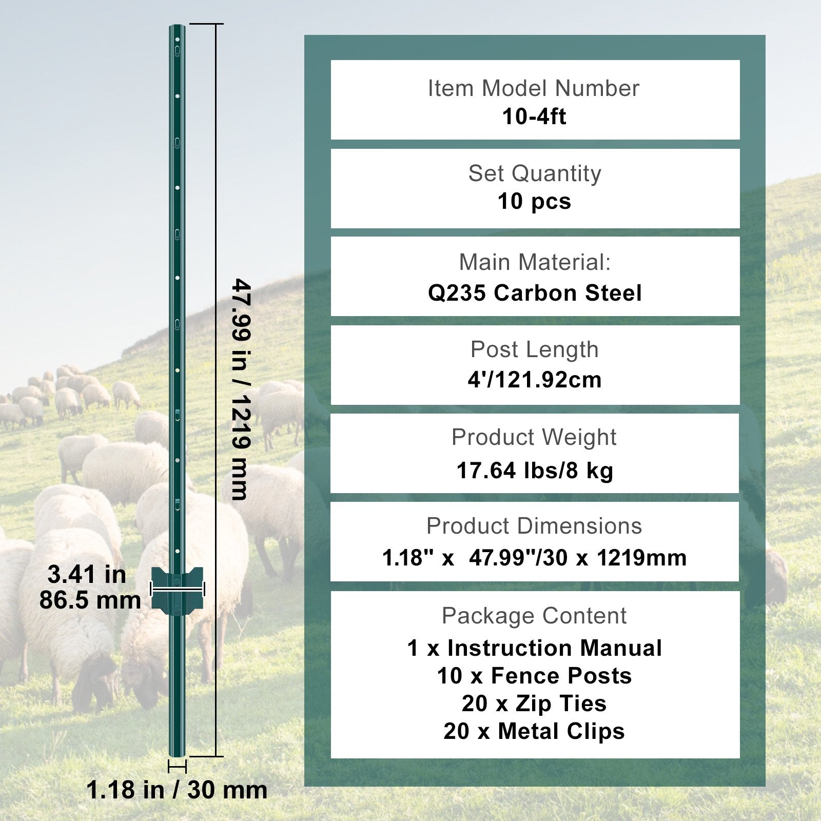 Tvoros stulpai VEVOR 10-4ft, 122 cm, 10 vnt.
