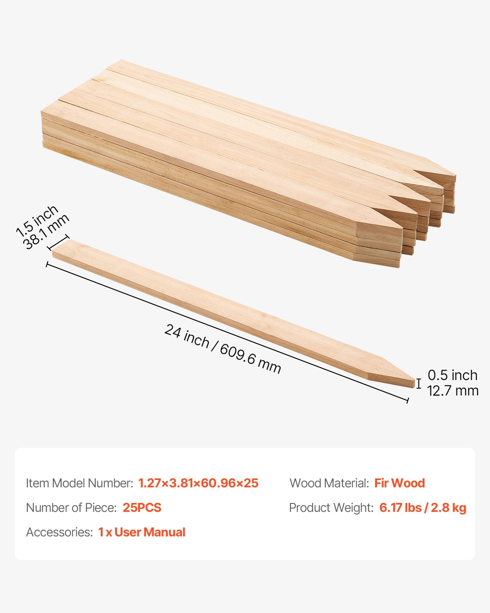 Mediniai sodo kuoliukai VEVOR 1.27x3.81x60.96x25, 25 vnt.