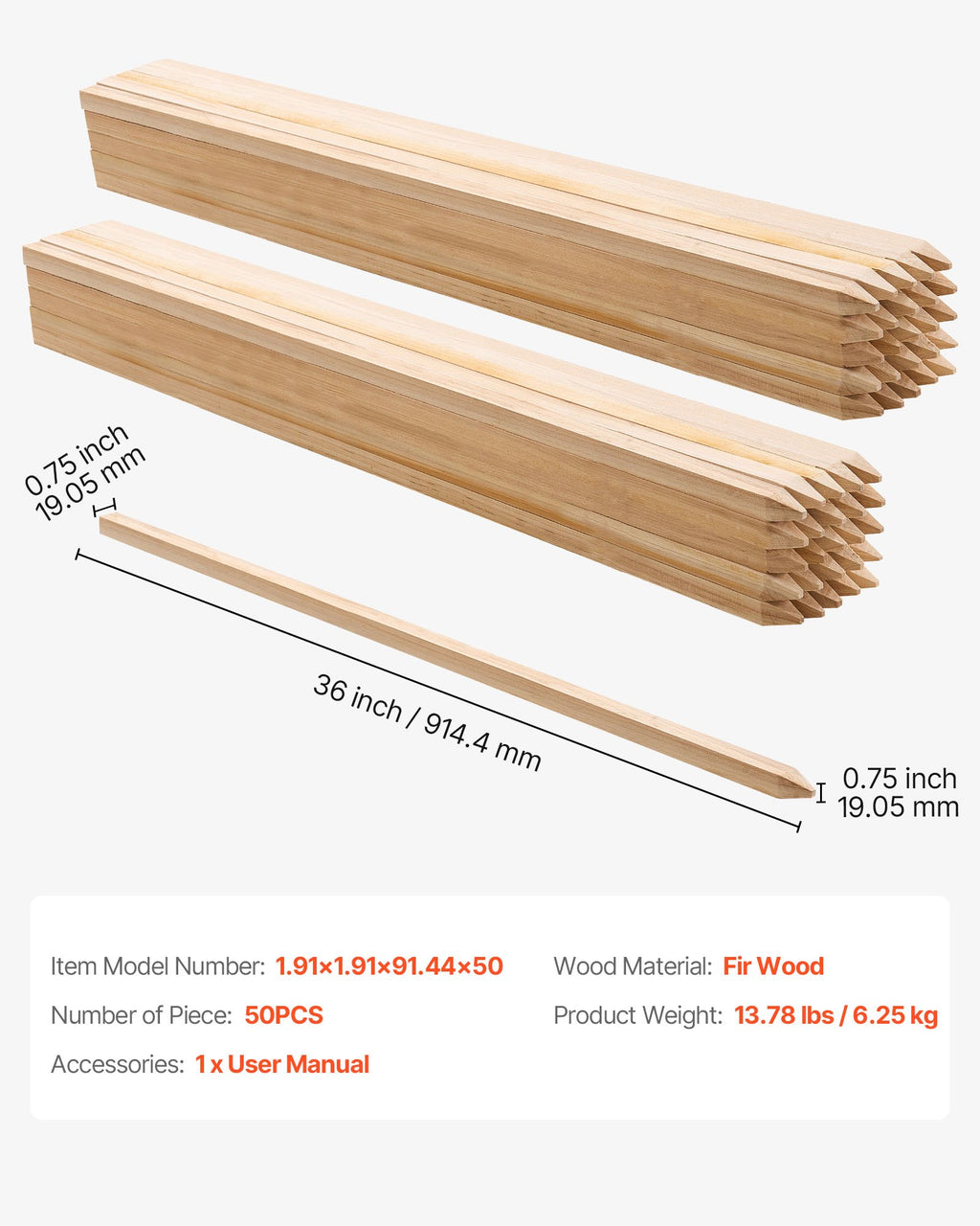 Mediniai sodo kuoliukai VEVOR 1.91x1.91x91.44x50, 50 vnt.