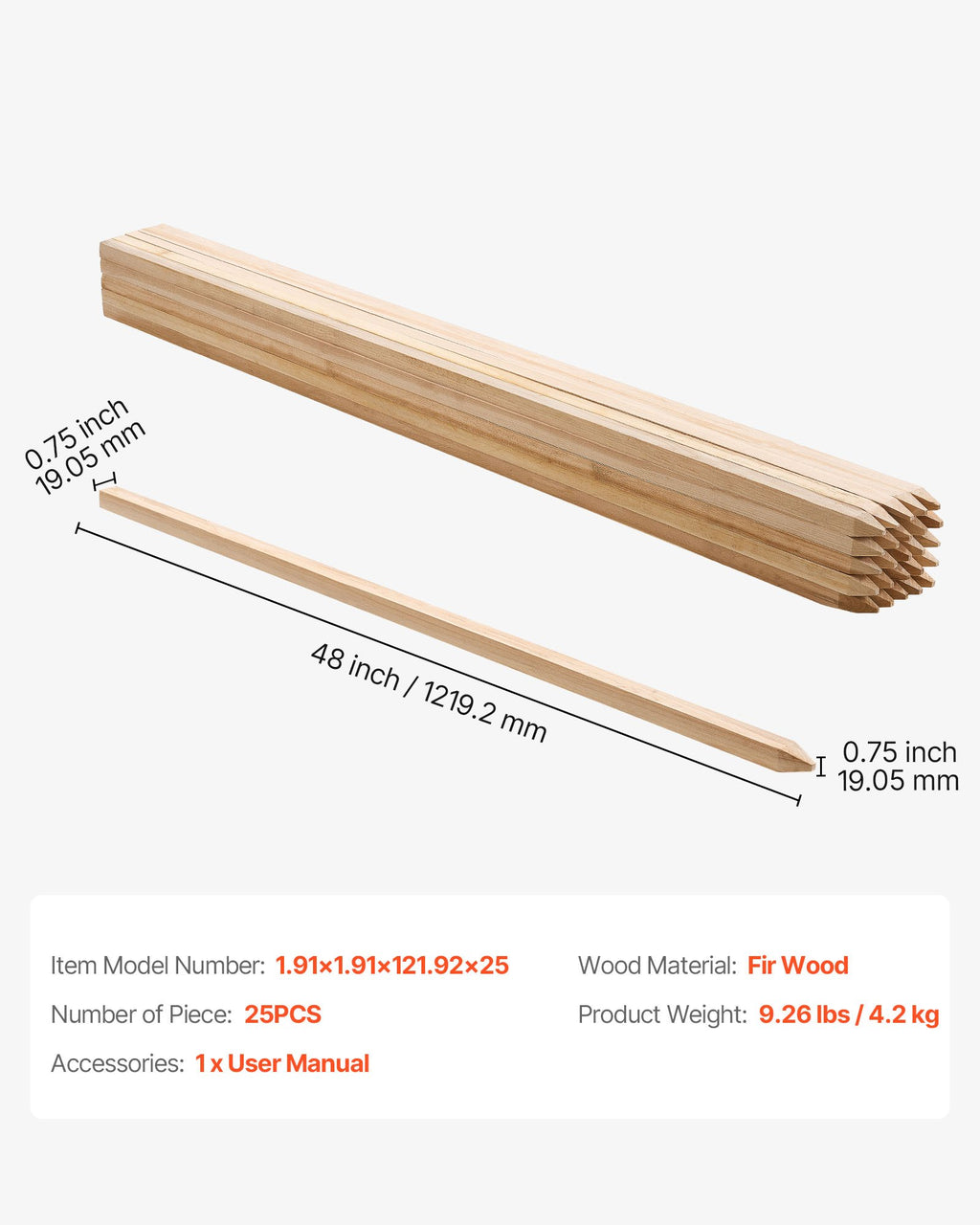 Mediniai sodo kuoliukai VEVOR 1.91x1.91x121.92x25, 122 cm ilgio