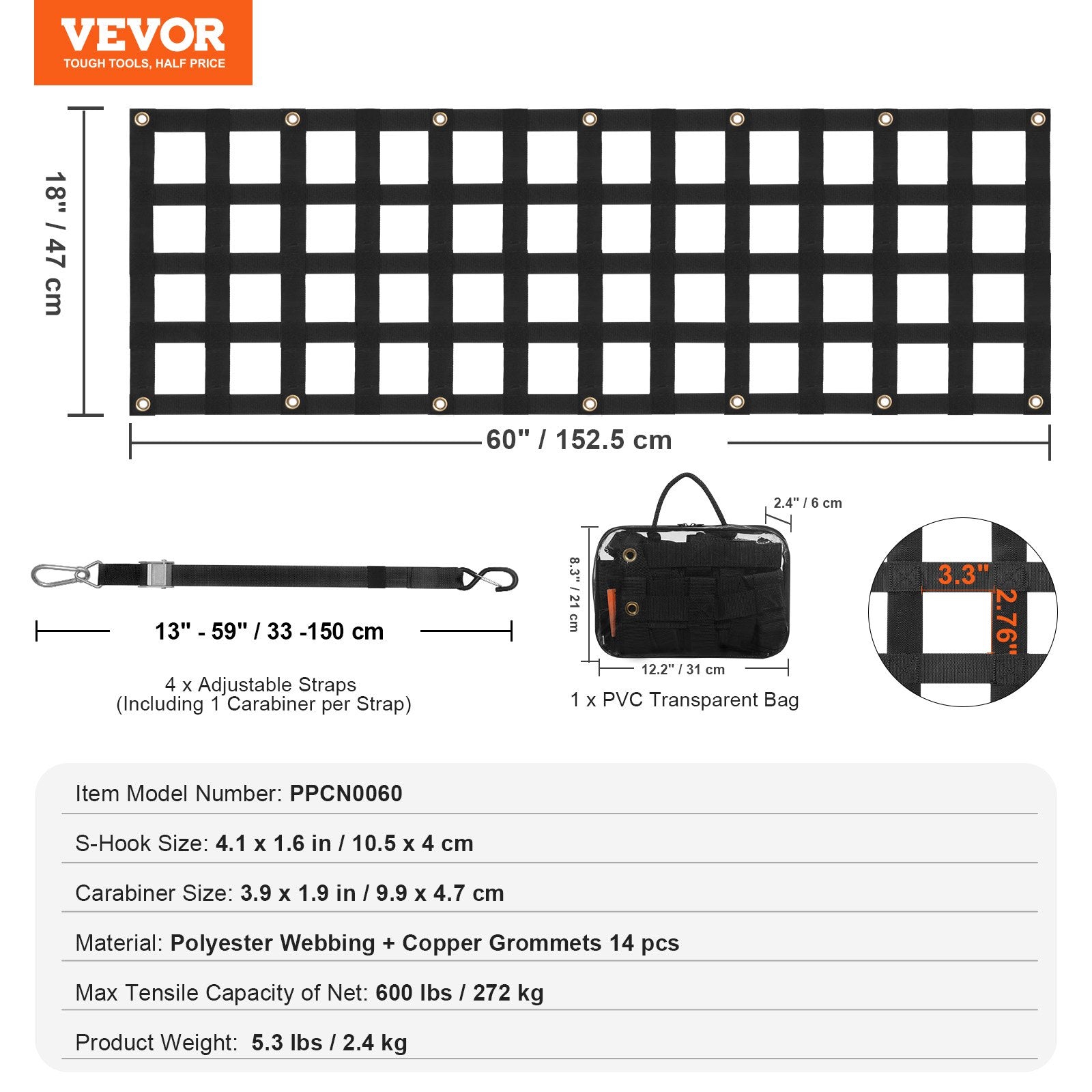 Pikapo borto tinklas VEVOR PPCN0060, 152 x 47 cm, 272 kg