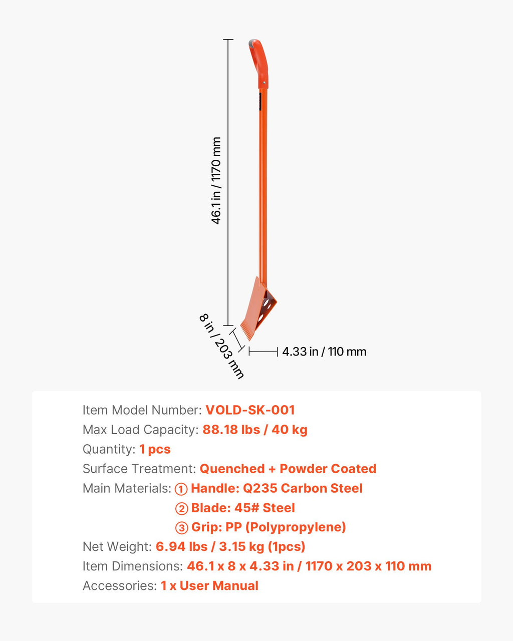 Stogo dangos nuėmimo kastuvas VEVOR VOLD-SK-001, 1170 mm ilgio
