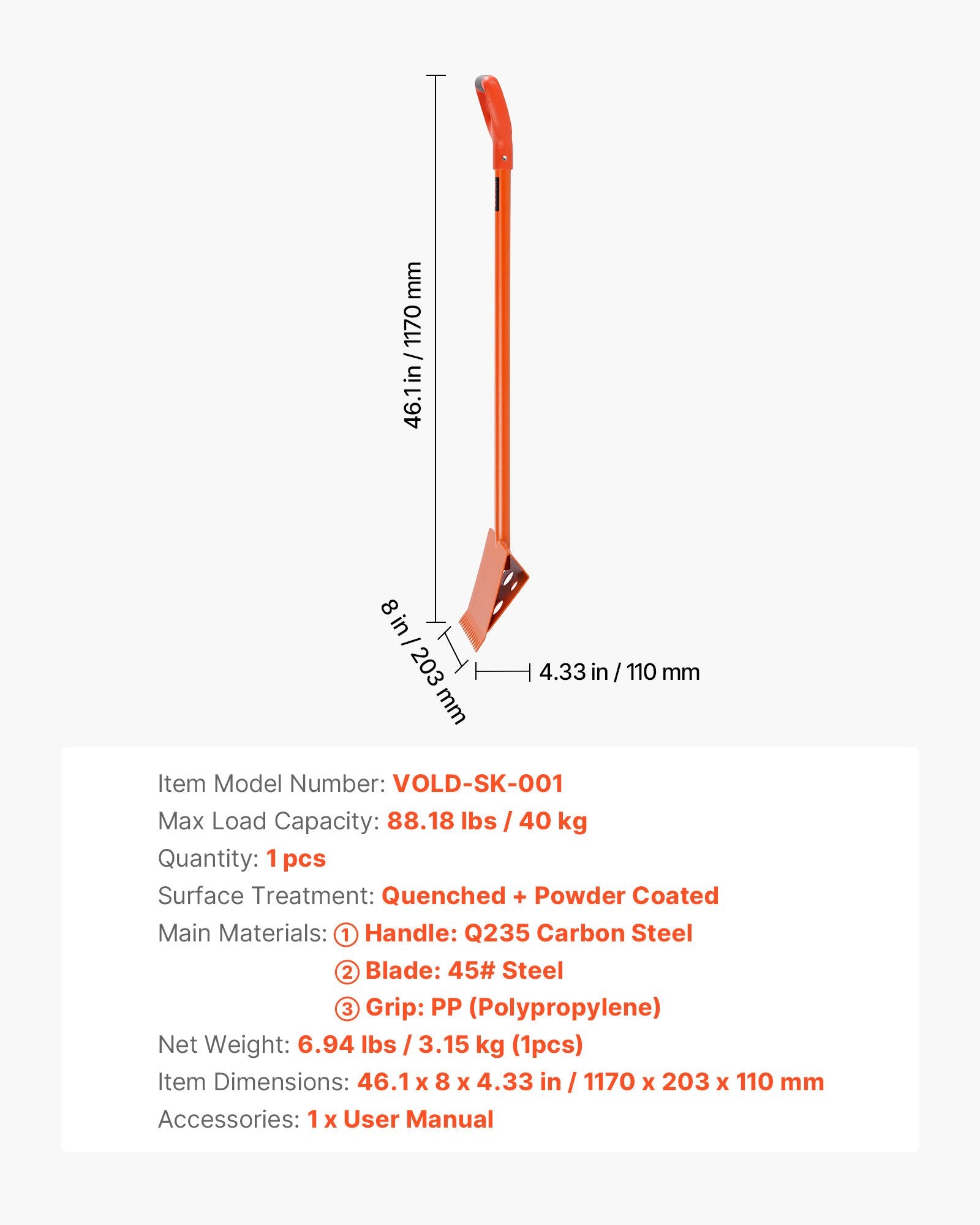 Stogo dangos nuėmimo kastuvas VEVOR VOLD-SK-001, 1170 mm ilgio