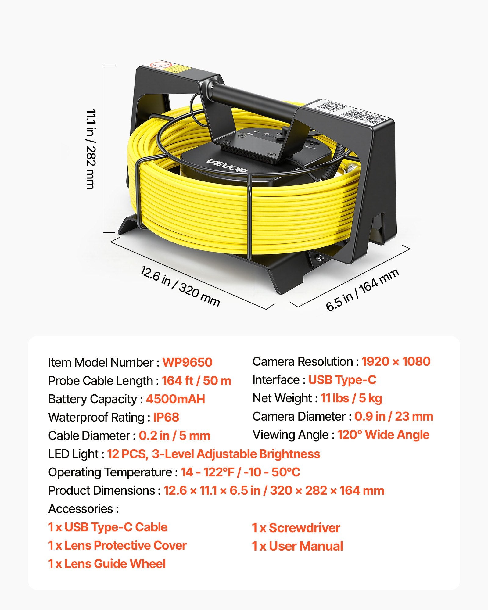 Kanalizacijos patikros kamera VEVOR WP9650, 50 m