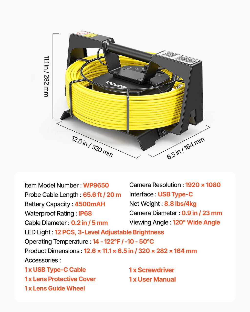 Kanalizacijos patikros kamera VEVOR WP9650, 20 m