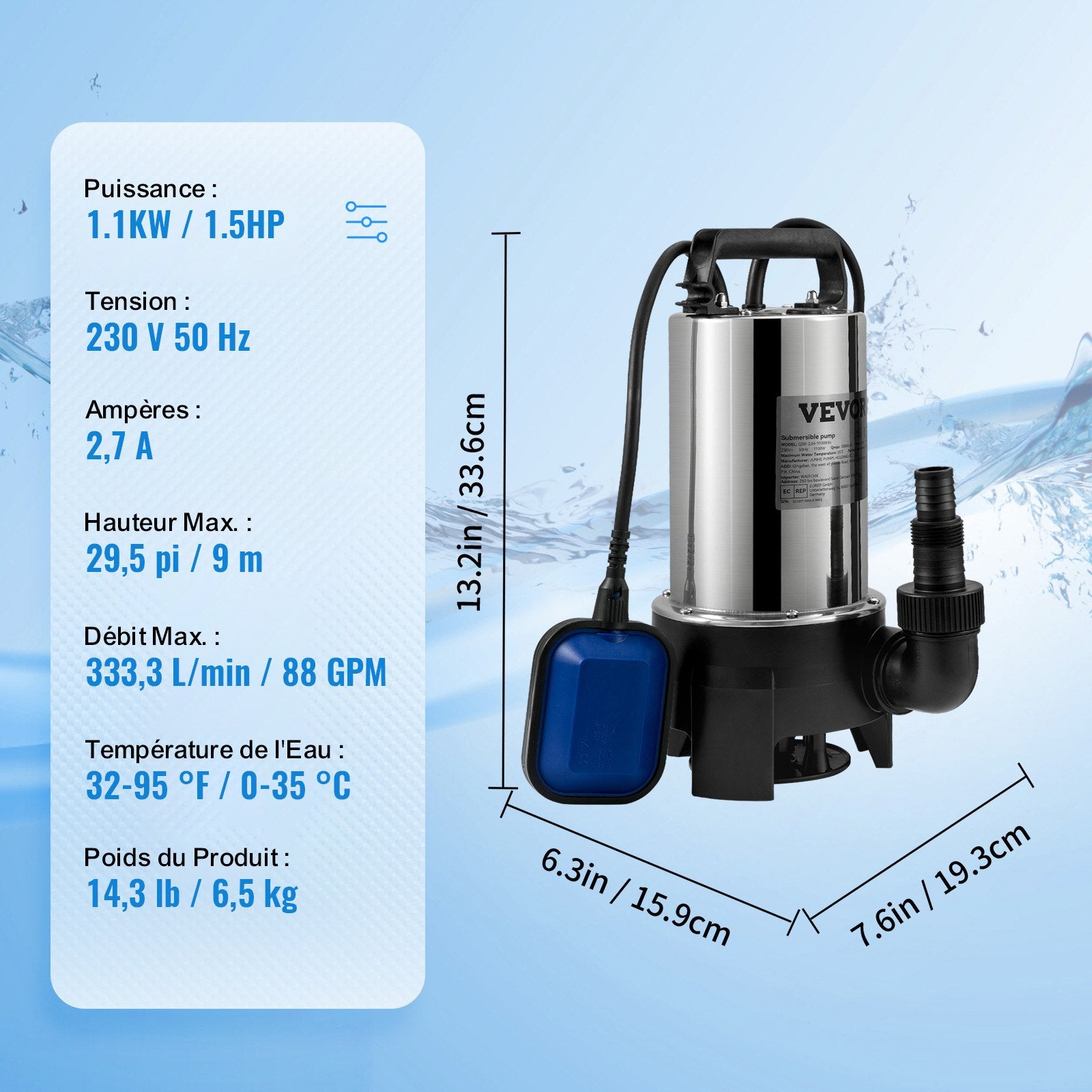 Panardinamas vandens siurblys VEVOR QSB-2JH-1100B96, 1100W