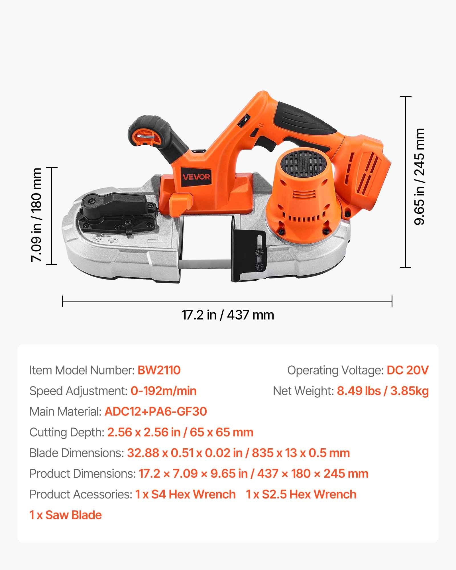 Nešiojamas juostinis pjūklas VEVOR BW2110, 65 mm pjovimo gylis.