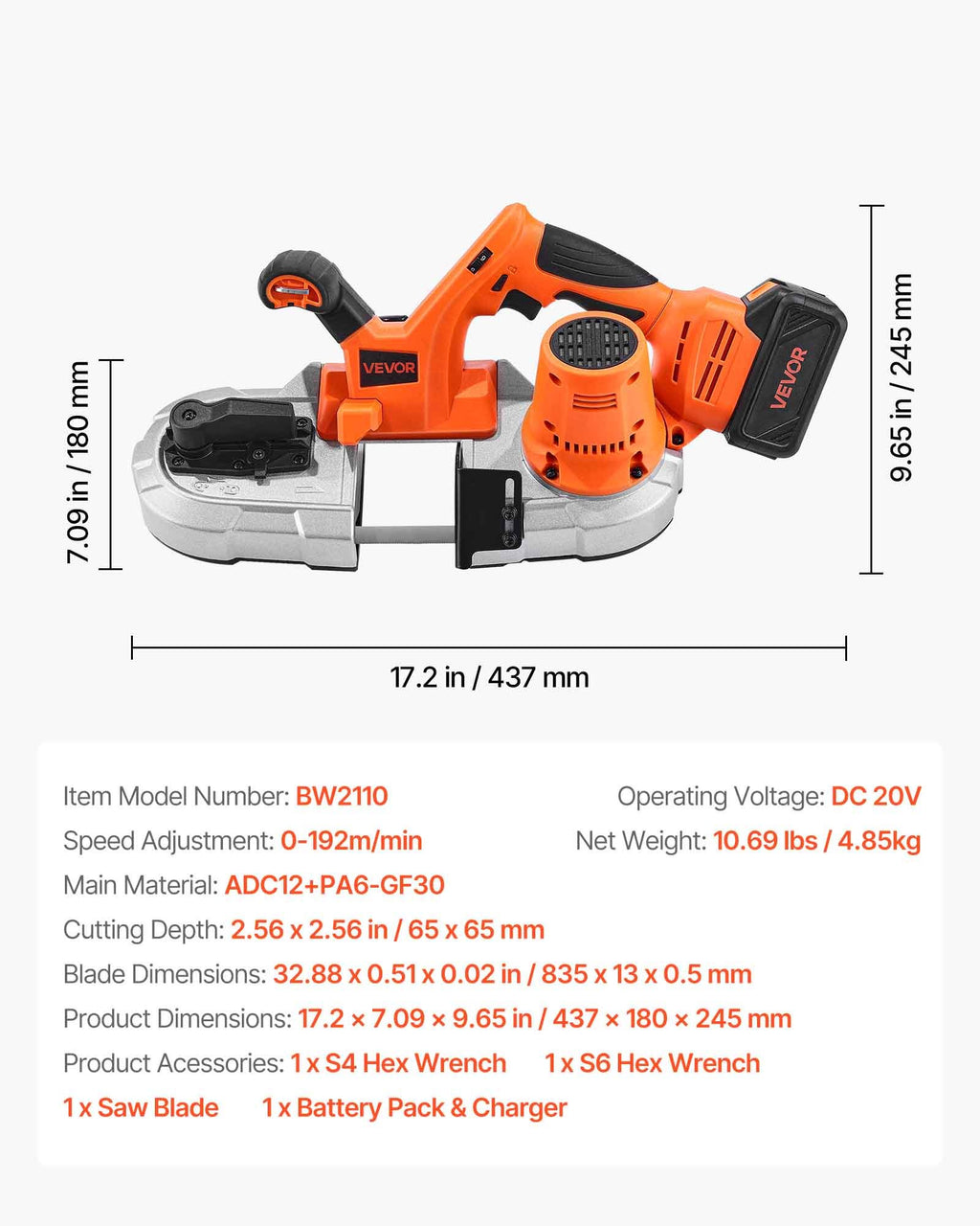 Akumuliatorinis juostinis pjūklas VEVOR BW2110, 65 mm pjovimo gylis