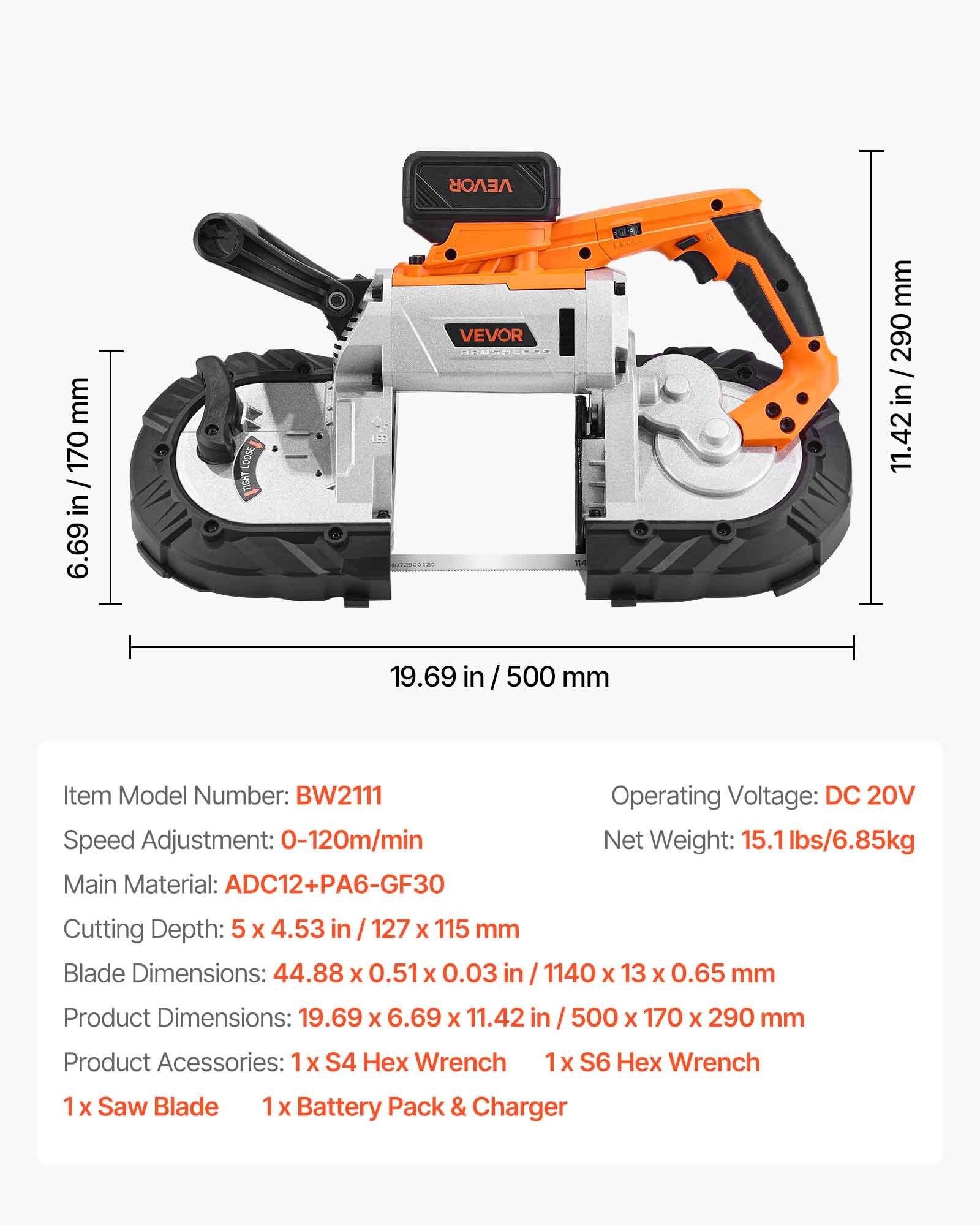 Akumuliatorinis juostinis pjūklas VEVOR BW2111, 127 mm pjovimo gylis