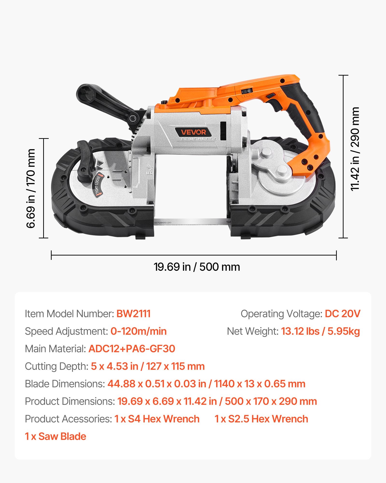 Akumuliatorinis juostinis pjūklas VEVOR BW2111, 127 mm pjovimo gylis