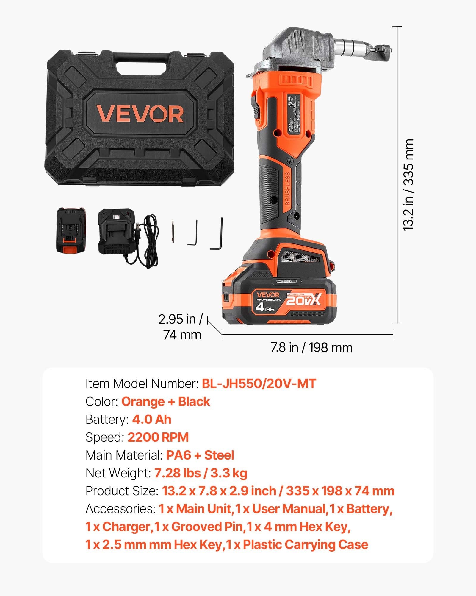 Akumuliatorinės skardos žirklės VEVOR BL-JH550/20V-MT, 20V 4Ah