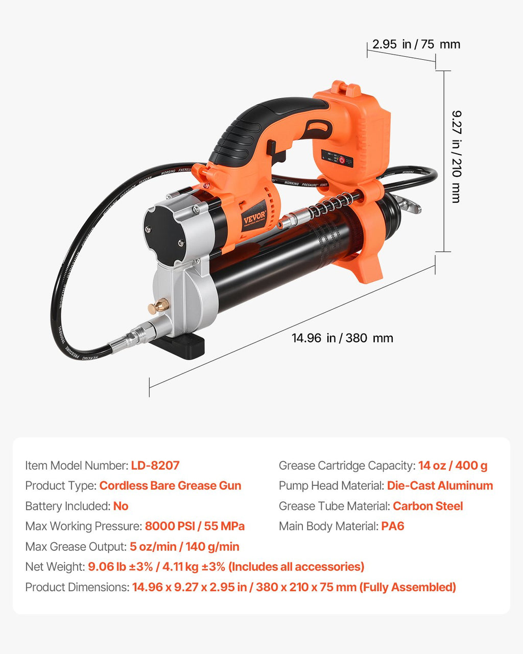 Akumuliatorinis tepalo švirkštas VEVOR LD-8207, 8000 PSI