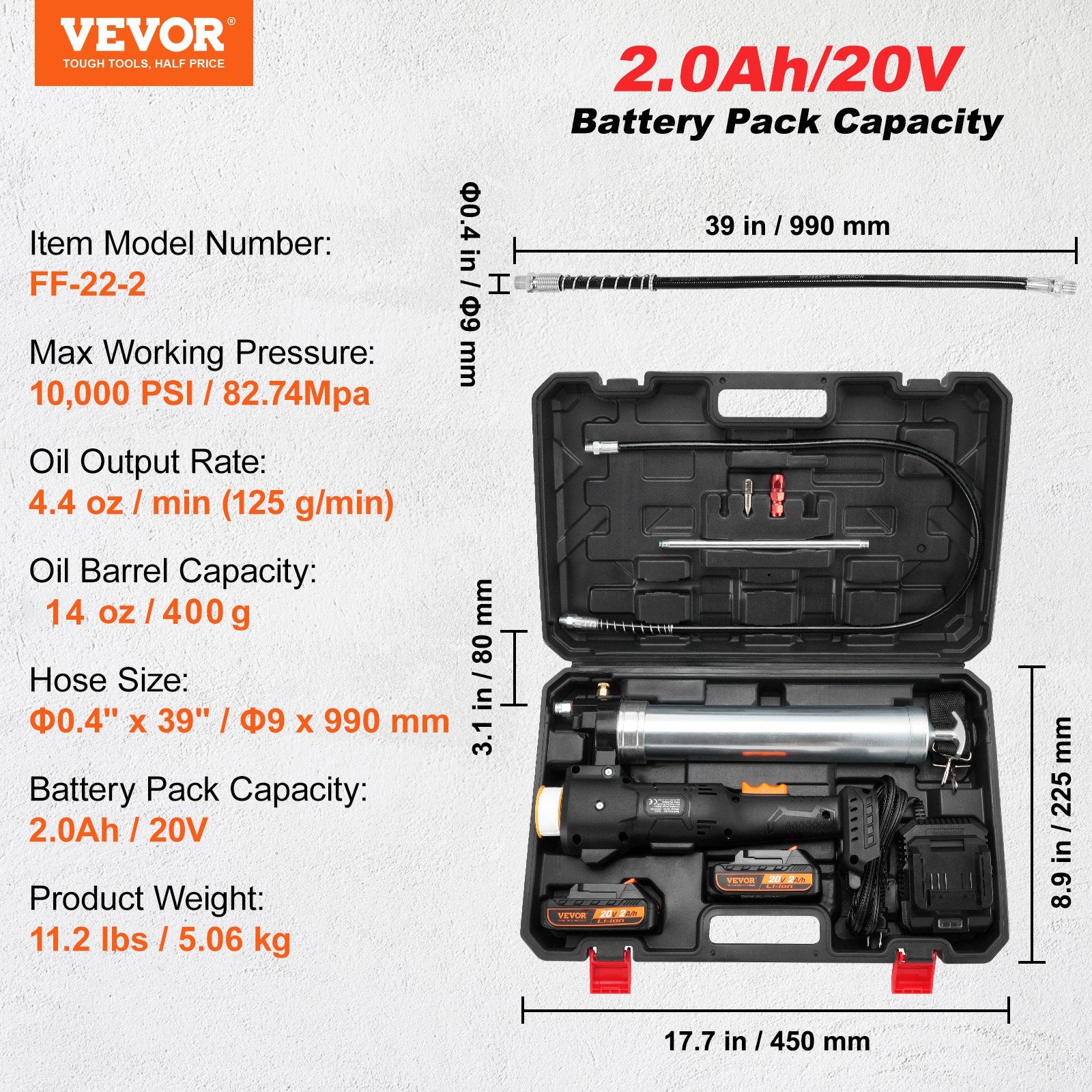 Akumuliatorinis tepalo švirkštas VEVOR FF-22-2, 10 000 PSI