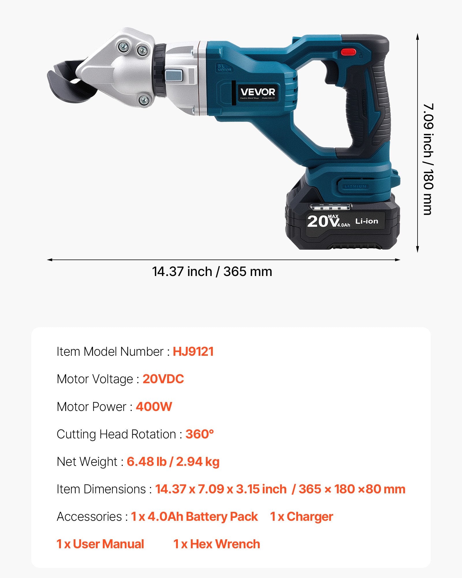 Akumuliatorinės skardos žirklės VEVOR HJ9121-220V, 20V
