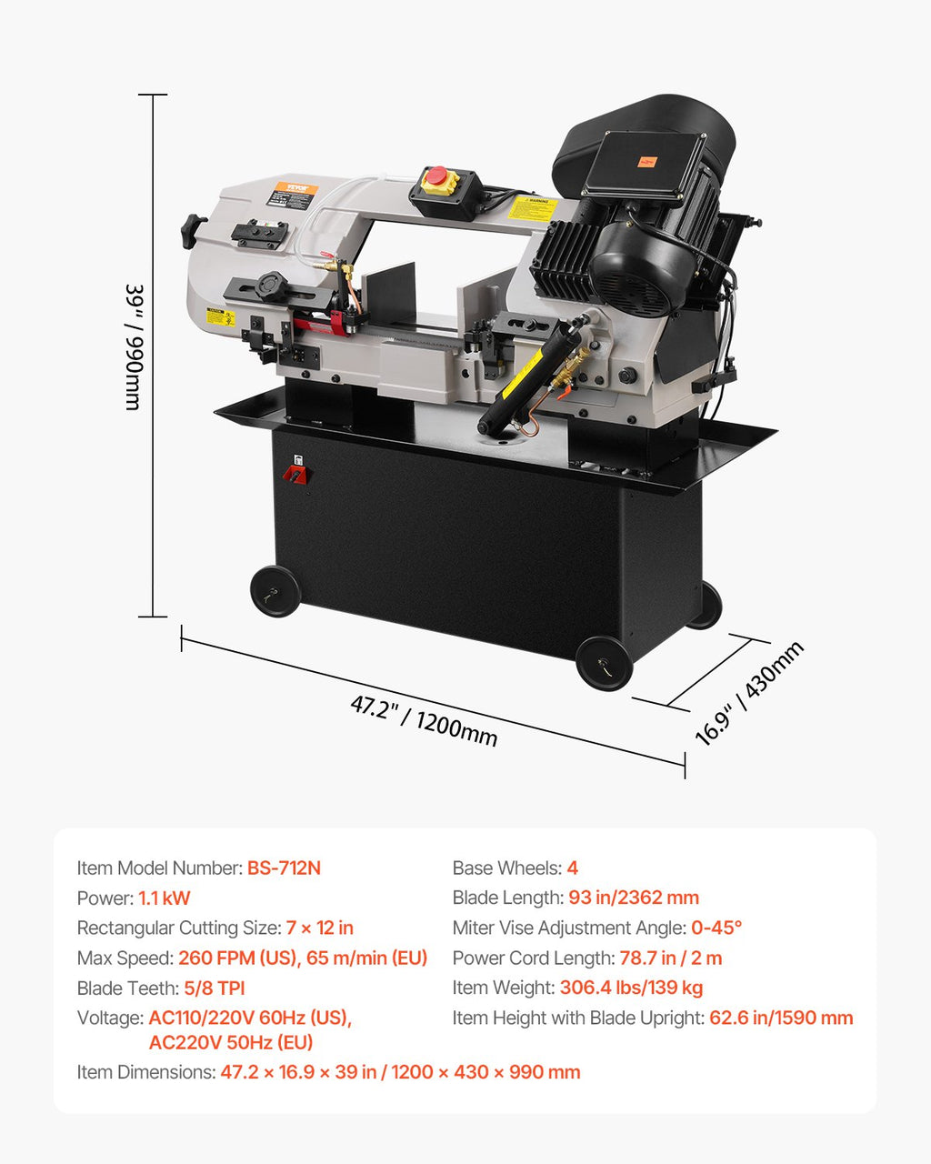 Juostinės metalo pjovimo staklės VEVOR BS-712N, 1.1 kW