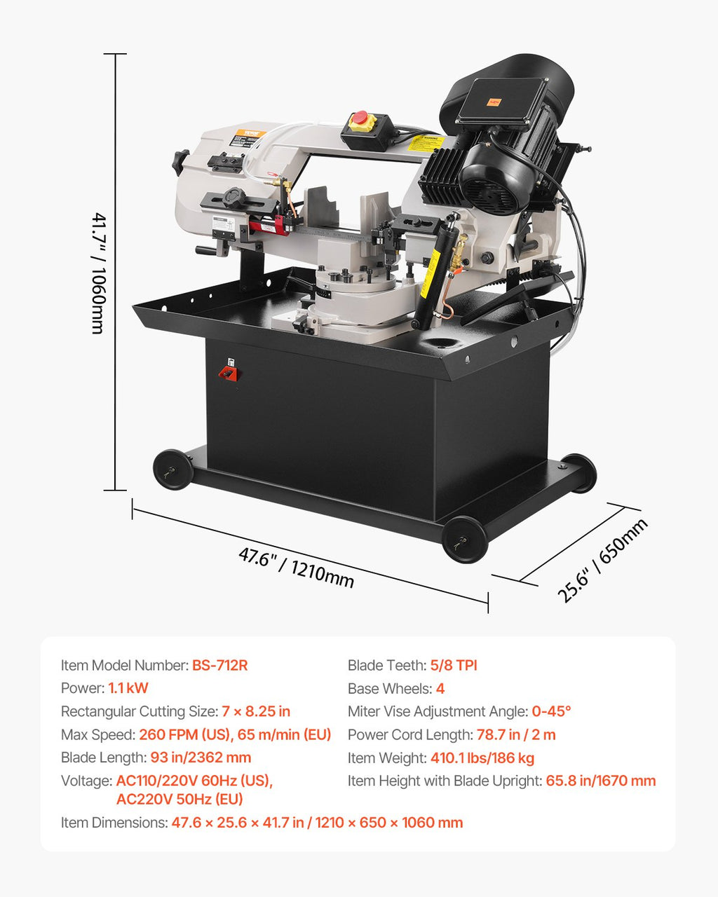 Juostinės metalo pjovimo staklės VEVOR BS-712R, 1,1 kW