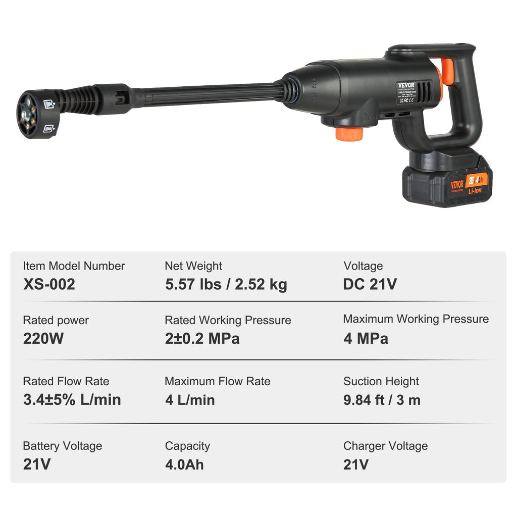 Akumuliatorinis aukšto slėgio plovimo įrenginys VEVOR XS-002, 40 bar