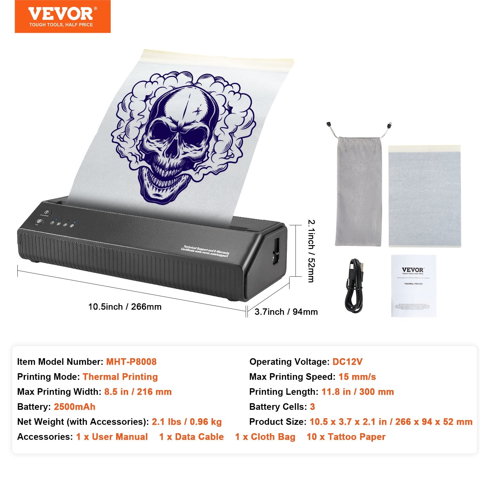 Tatuiruočių trafaretų spausdintuvas VEVOR MHT-P8008, bevielis Bluetooth ryšys