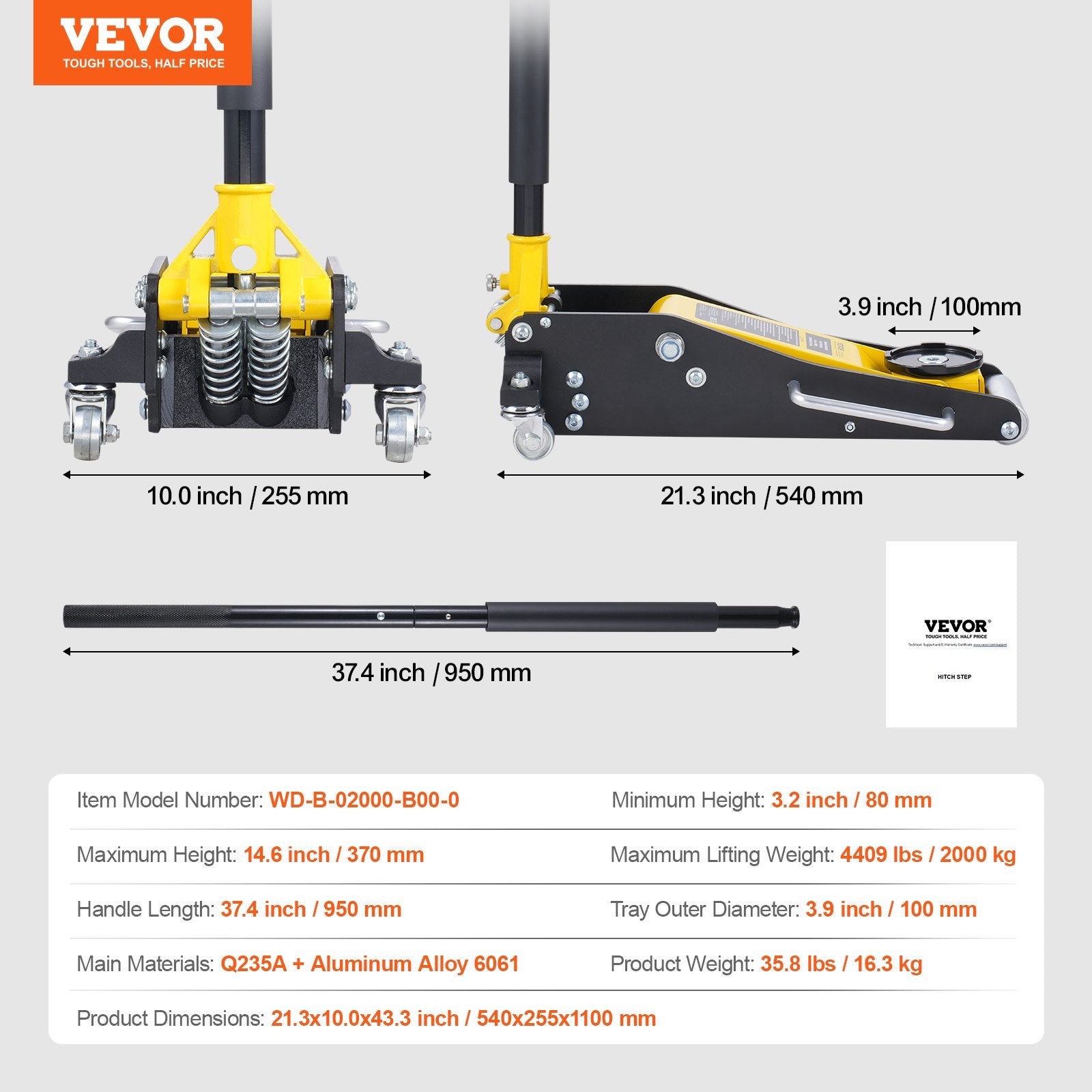 Žemo profilio domkratas VEVOR WD-B-02000-B00-0, 2 t