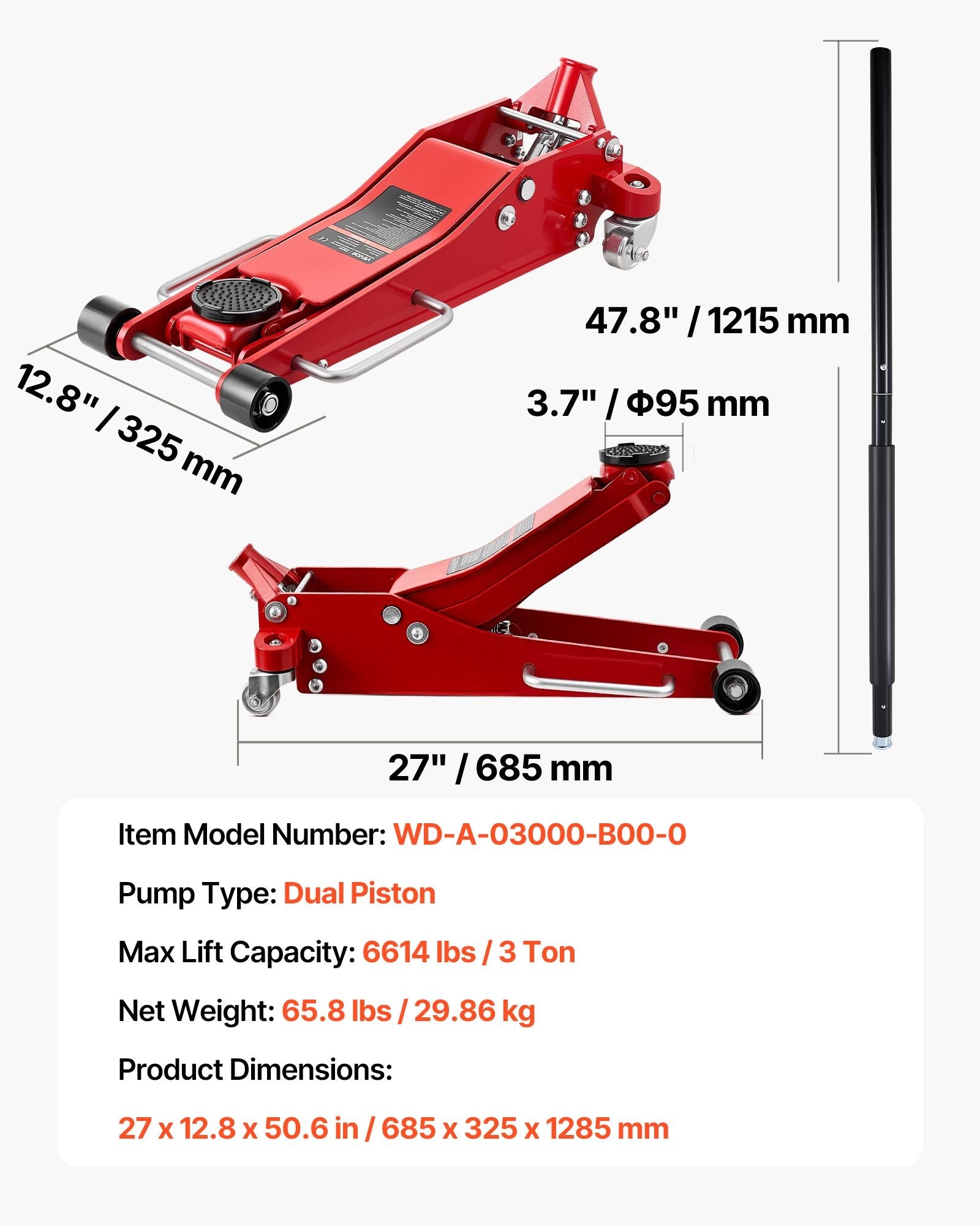 Žemo profilio hidraulinis keltuvas VEVOR WD-A-03000-B00-0, 3 t