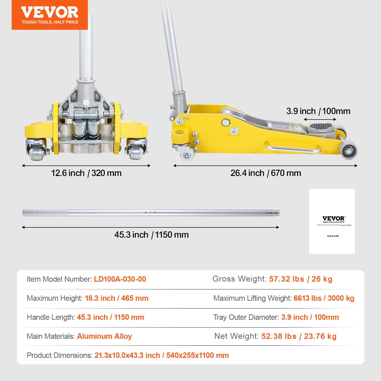 Žemo profilio hidraulinis domkratas VEVOR LD100A-030-00, 3 t