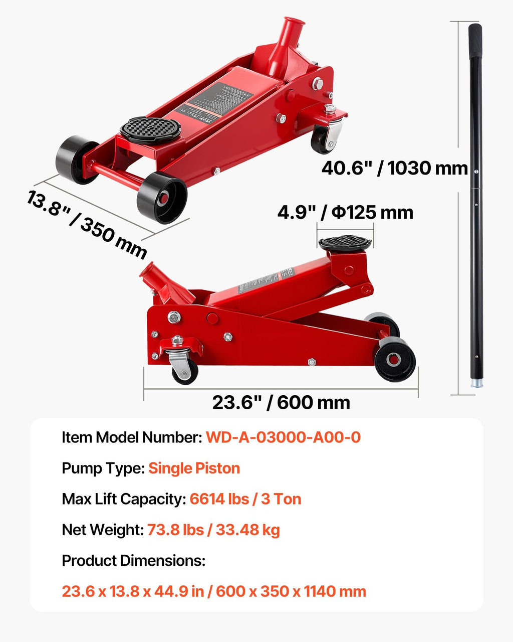 Žemo profilio hidraulinis keltuvas VEVOR WD-A-03000-A00-0, 3 t