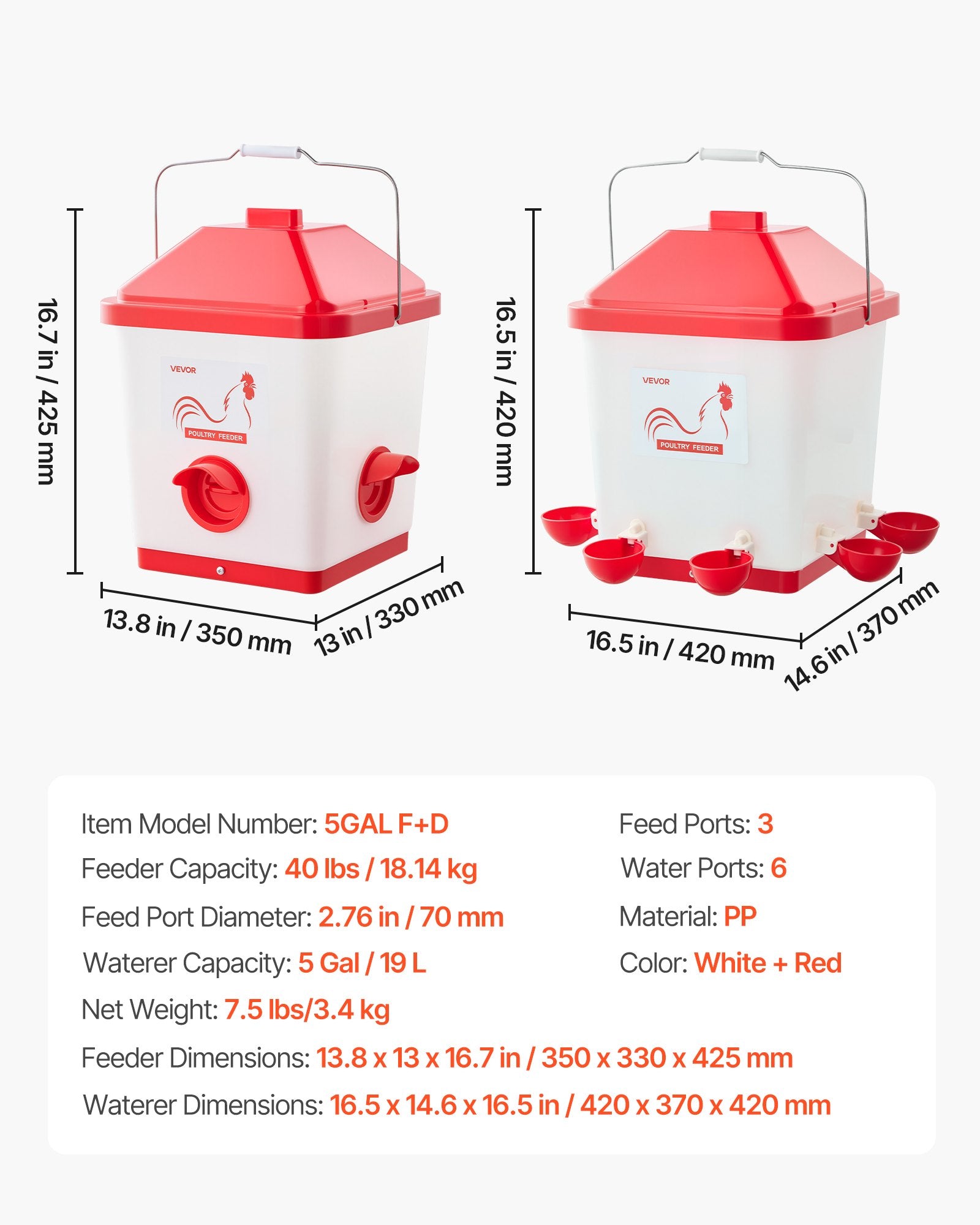 Automatinė lesyklėlė ir girdykla naminiams paukščiams VEVOR 5GAL F+D, 19 L / 18,14 kg