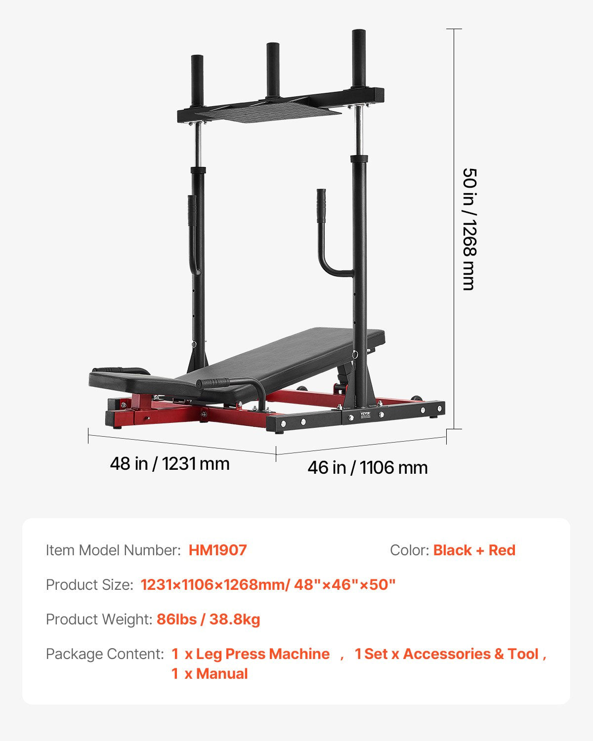 Vertikalus kojų spaudimo treniruoklis VEVOR HM1907, 250 kg apkrova