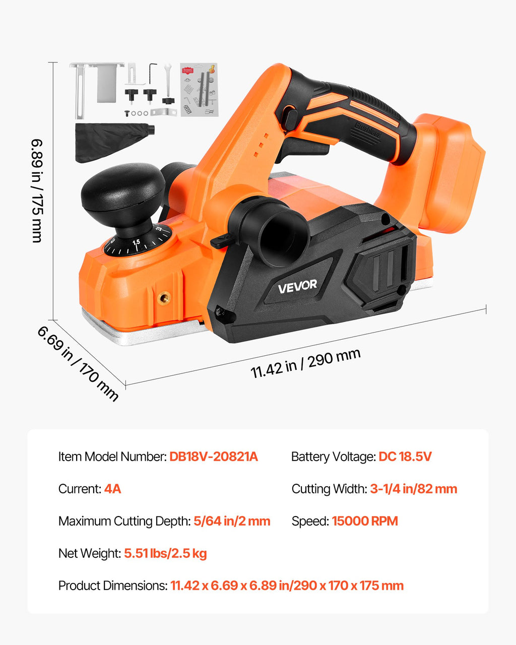 Akumuliatorinis rankinis oblius VEVOR DB18V-20821A, 82 mm