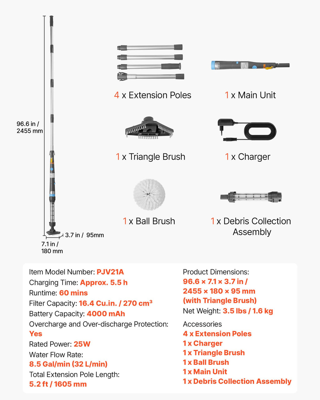 Rankinis baseino siurblys VEVOR PJV21A, 32 l/min