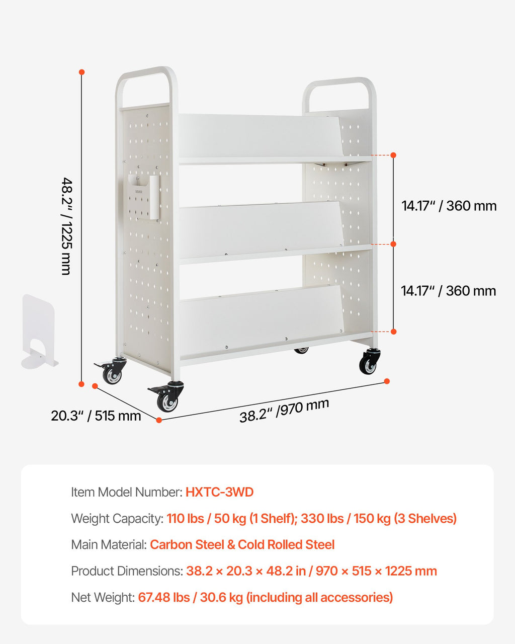 Knygų vežimėlis VEVOR HXTC-3WD, 150 kg keliamoji galia