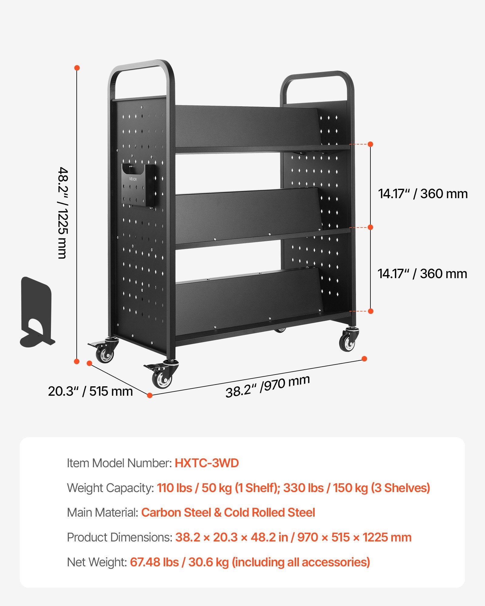 Knygų vežimėlis VEVOR HXTC-3WD, 150 kg keliamoji galia